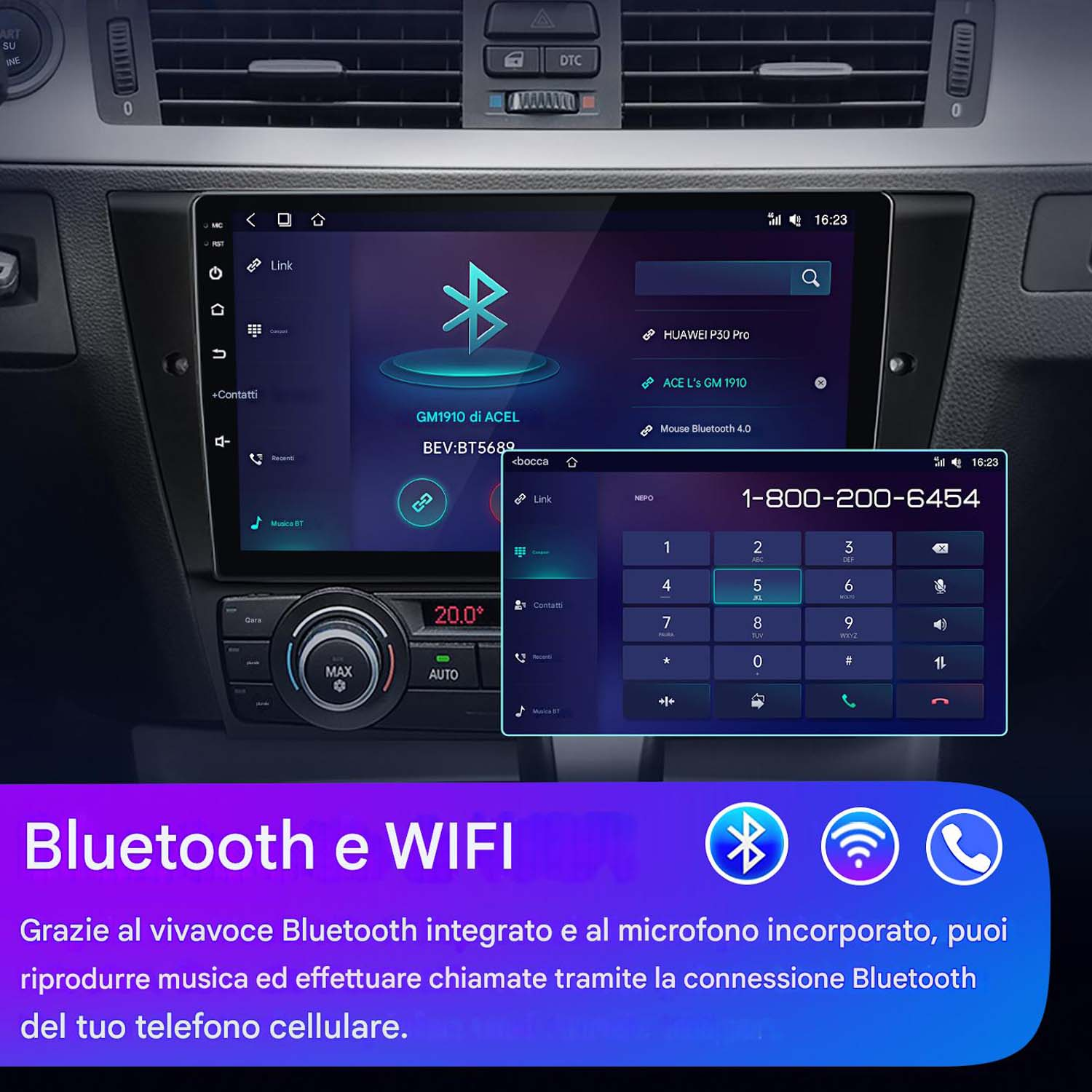 Cruscotto dell'auto che mostra un display centrale con icone Bluetooth e WiFi e un'interfaccia di composizione telefonica.