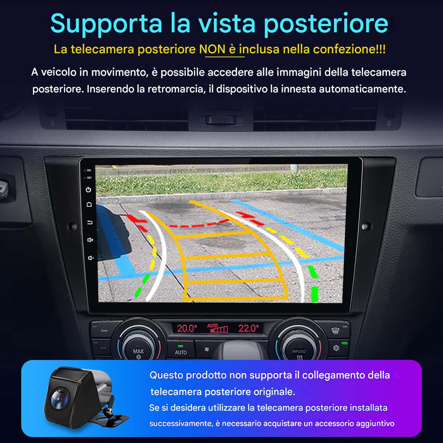 Autoradio con display che mostra un feed della telecamera posteriore. Il display mostra le linee di parcheggio.