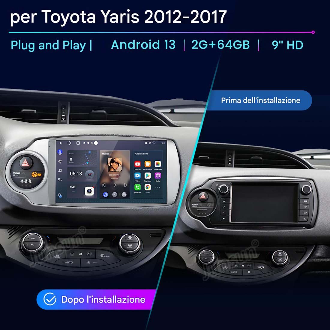 Immagine del cruscotto dell'auto che mostra il prima e il dopo l'installazione di uno schermo Android 13. Viene mostrato il cruscotto originale.