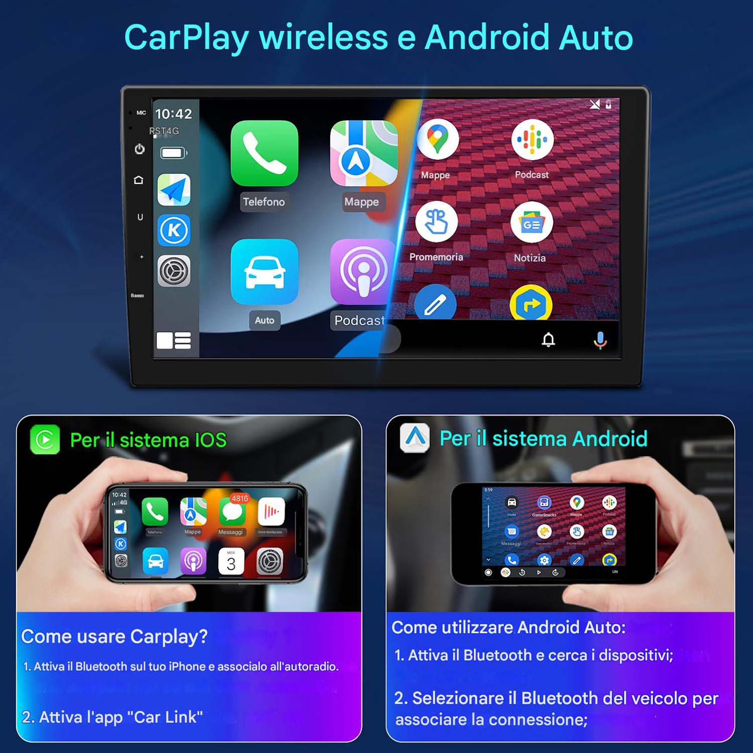 Display dell'auto che mostra CarPlay wireless e Android Auto, con istruzioni di configurazione per iOS e Android.