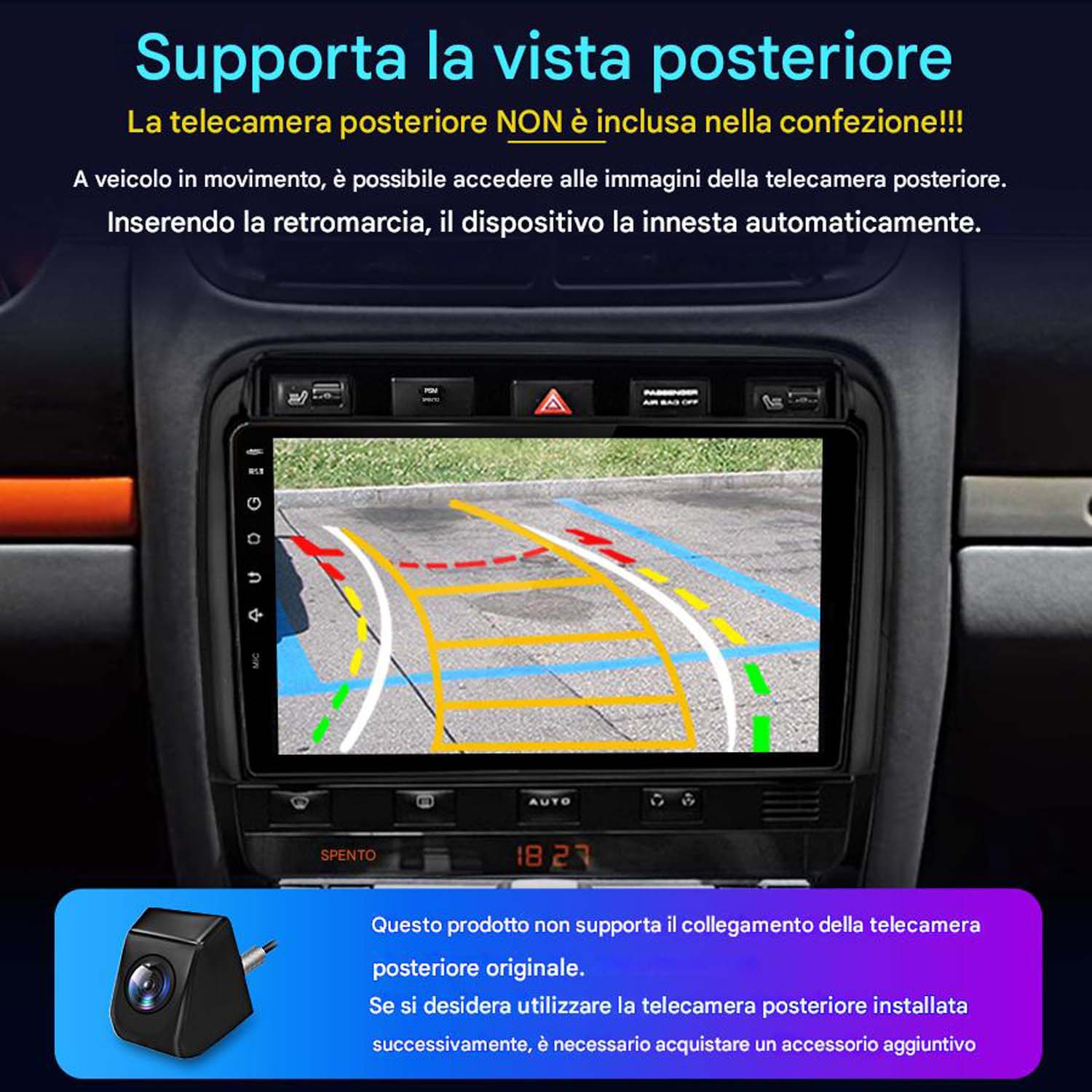 Cruscotto dell'auto con uno schermo che mostra un display della telecamera posteriore. Viene mostrata anche una piccola telecamera.