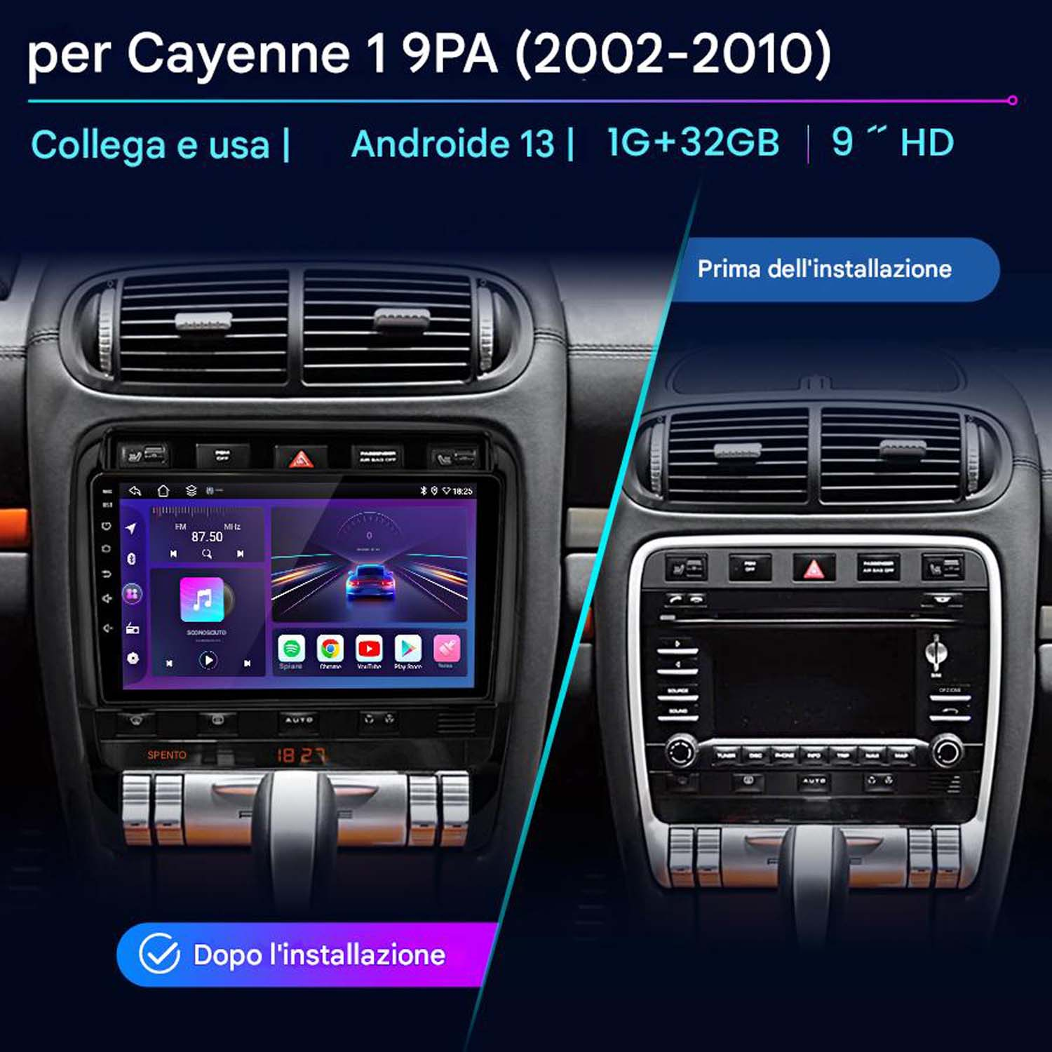 Cruscotto dell'auto, prima e dopo l'installazione dello schermo Android 13. Confronto del cruscotto. Per una Porsche Cayenne.