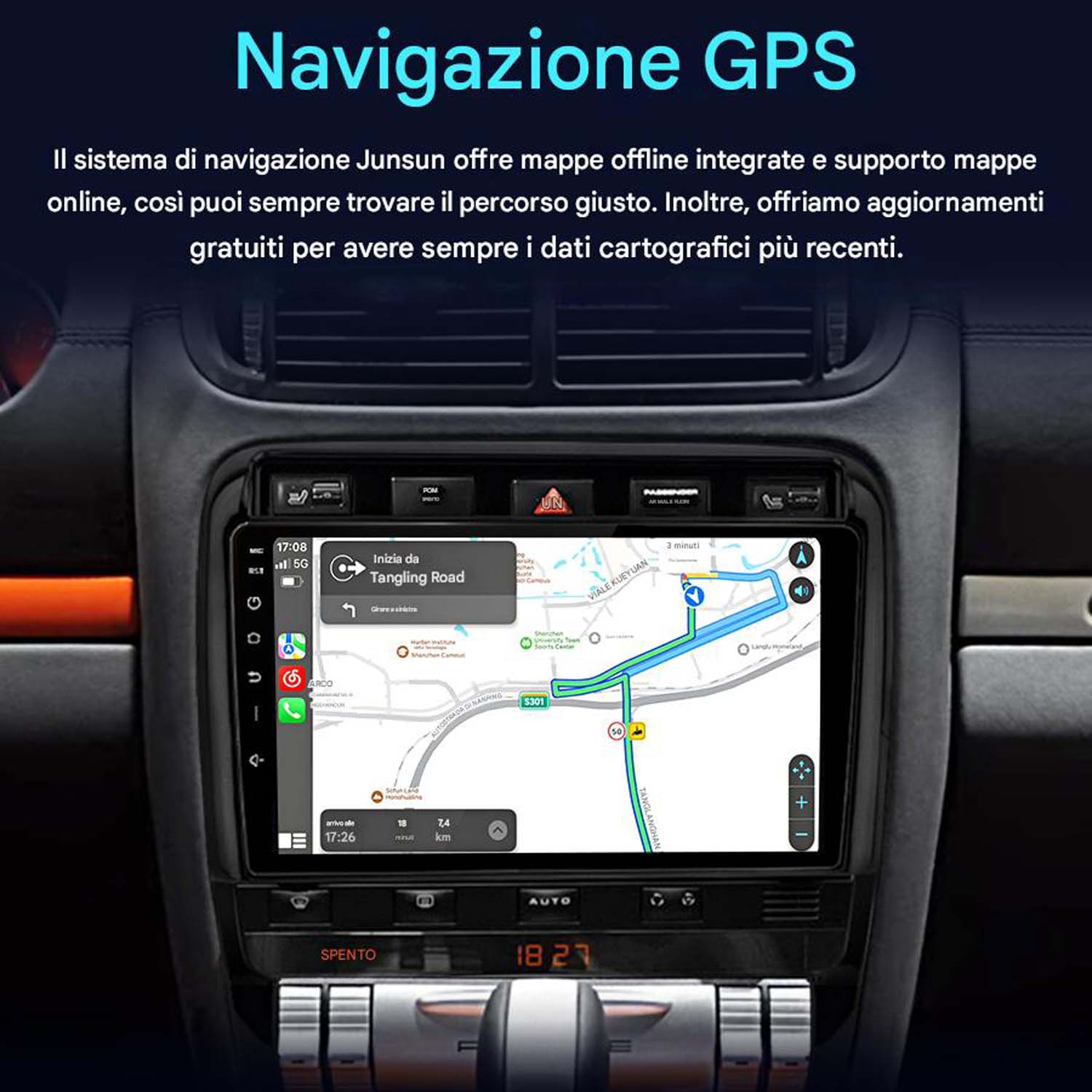 Cruscotto dell'auto con schermo di navigazione che mostra una mappa. Sono visibili i dettagli dell'ambiente circostante.