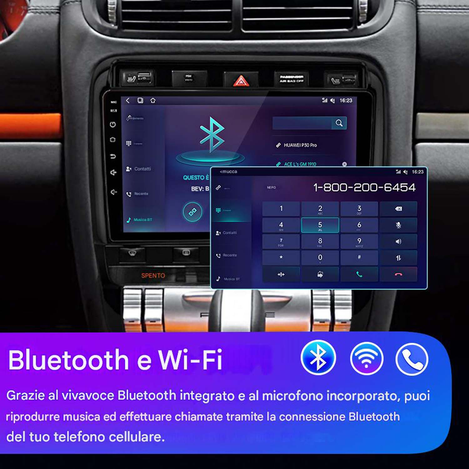 Interni auto con schermo che mostra le funzioni Bluetooth e Wi-Fi. Sotto, un testo su queste funzioni.