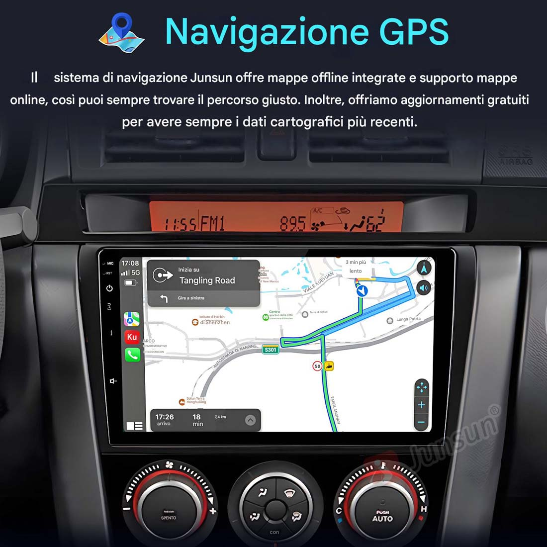 Cruscotto dell'auto con uno schermo che mostra una mappa e i dettagli di navigazione. Controlli e cruscotto circostante visibili.