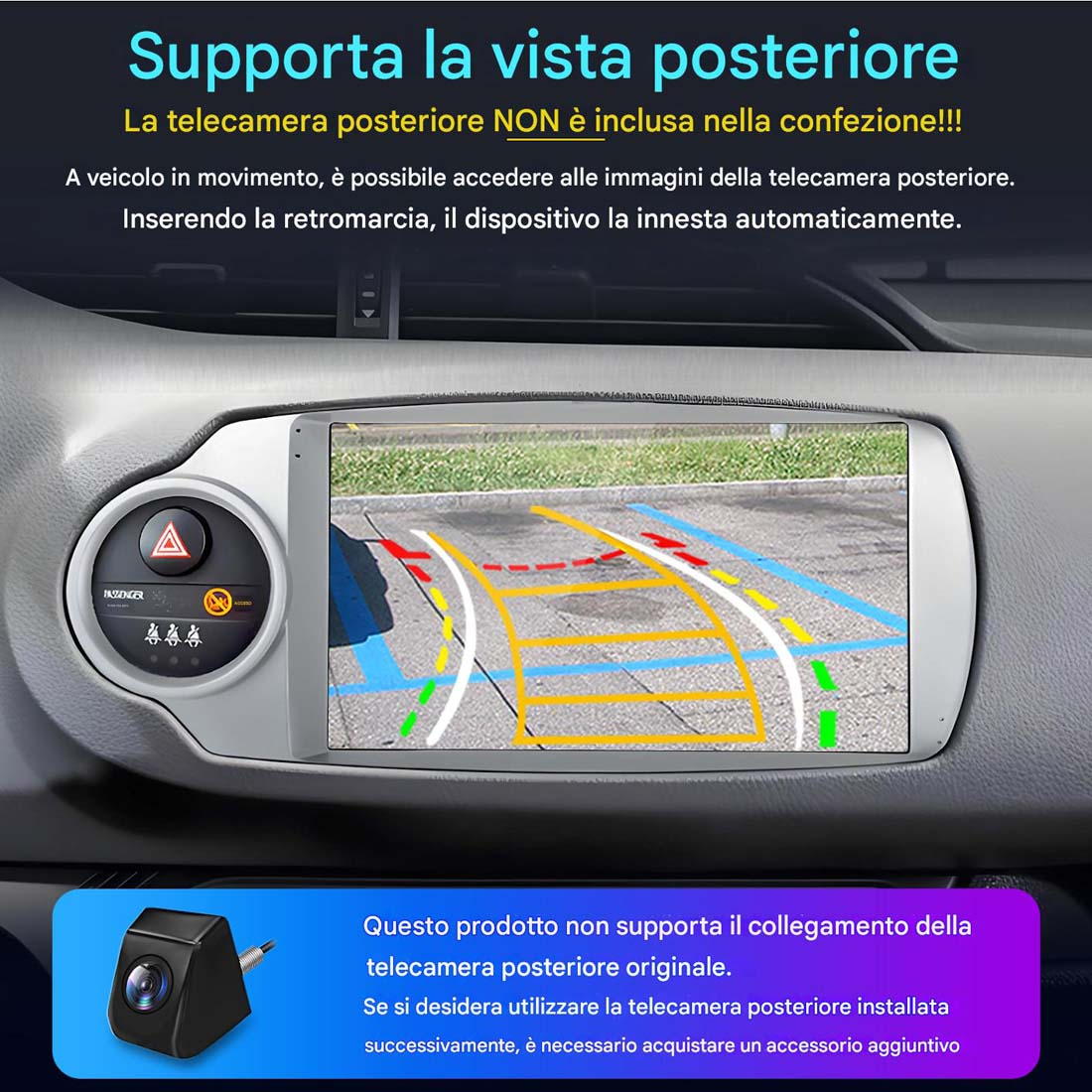 Cruscotto auto con schermo che mostra la vista della telecamera posteriore con linee guida. Sotto, una telecamera posteriore separata.