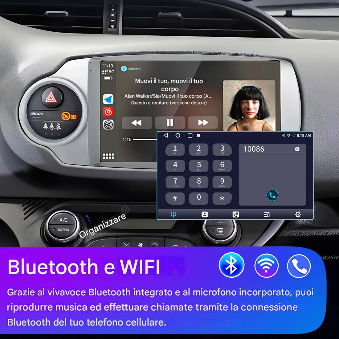 Interni auto con schermo che mostra un'interfaccia di chiamata e la riproduzione musicale. Visibili cruscotto e comandi.