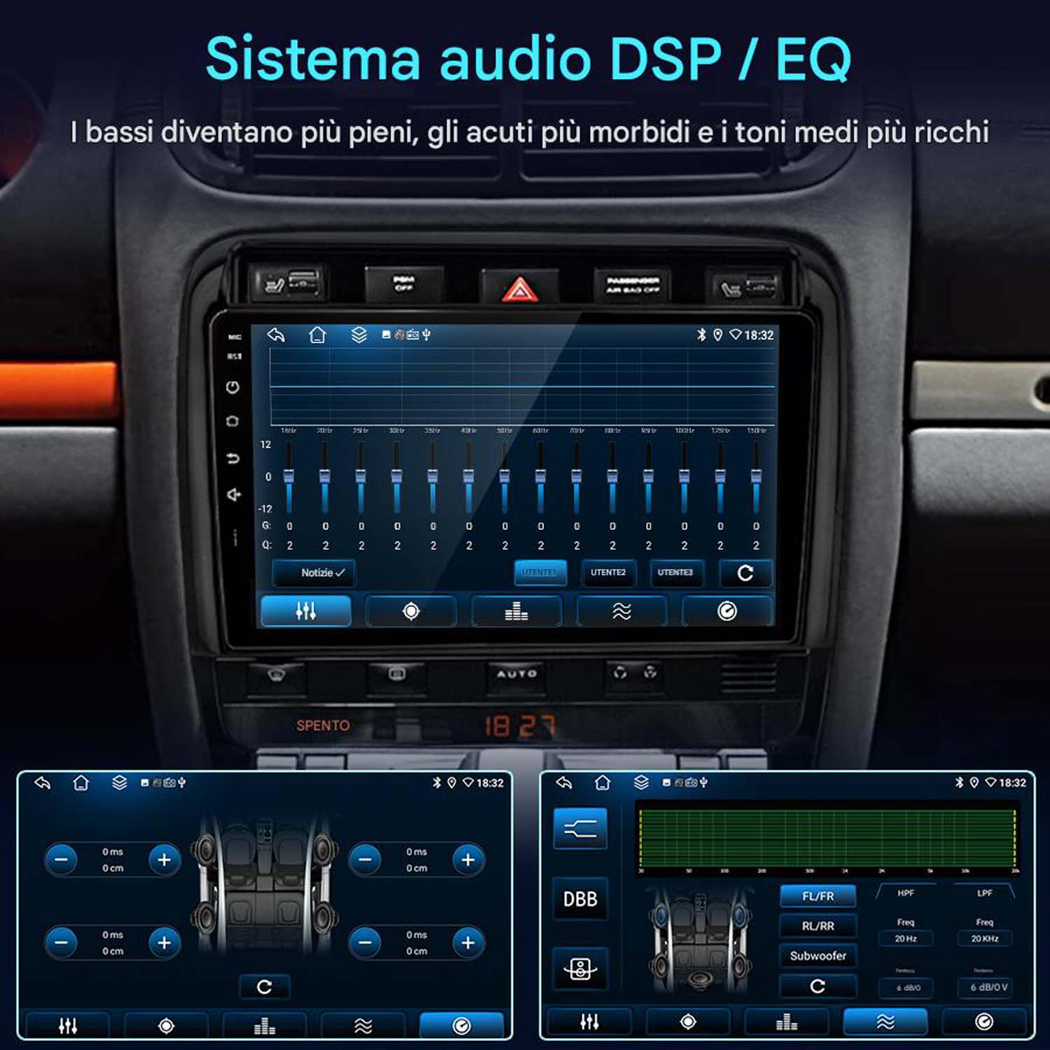 Interfaccia monitor auto per impostazioni audio, con controlli equalizzatore, bassi, alti e bilanciamento.