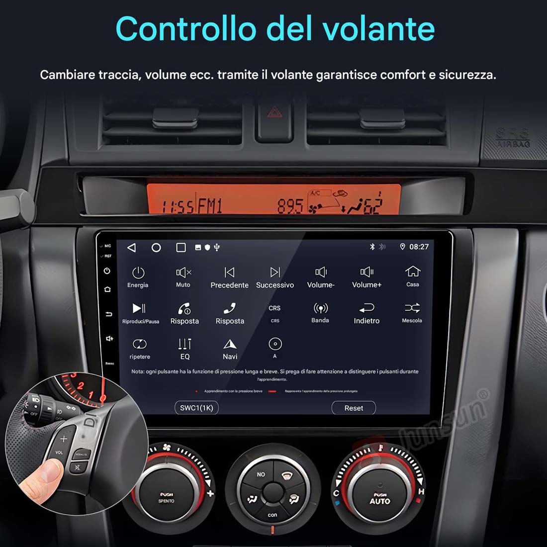 Cruscotto auto con display che mostra comandi radio e clima, circondato da bocchette e pulsanti.