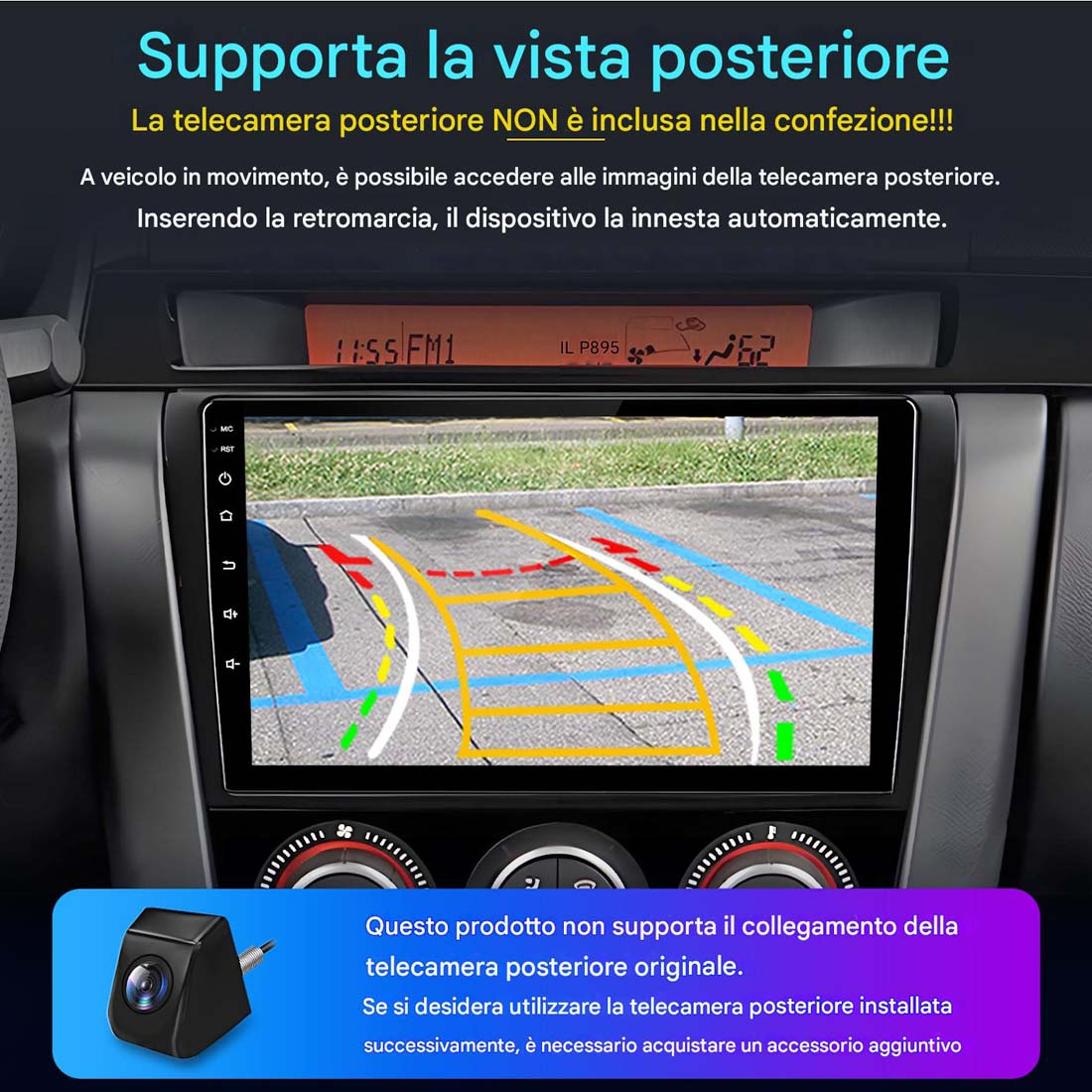 Monitor auto con vista telecamera posteriore con linee di parcheggio gialle e blu, cruscotto auto.