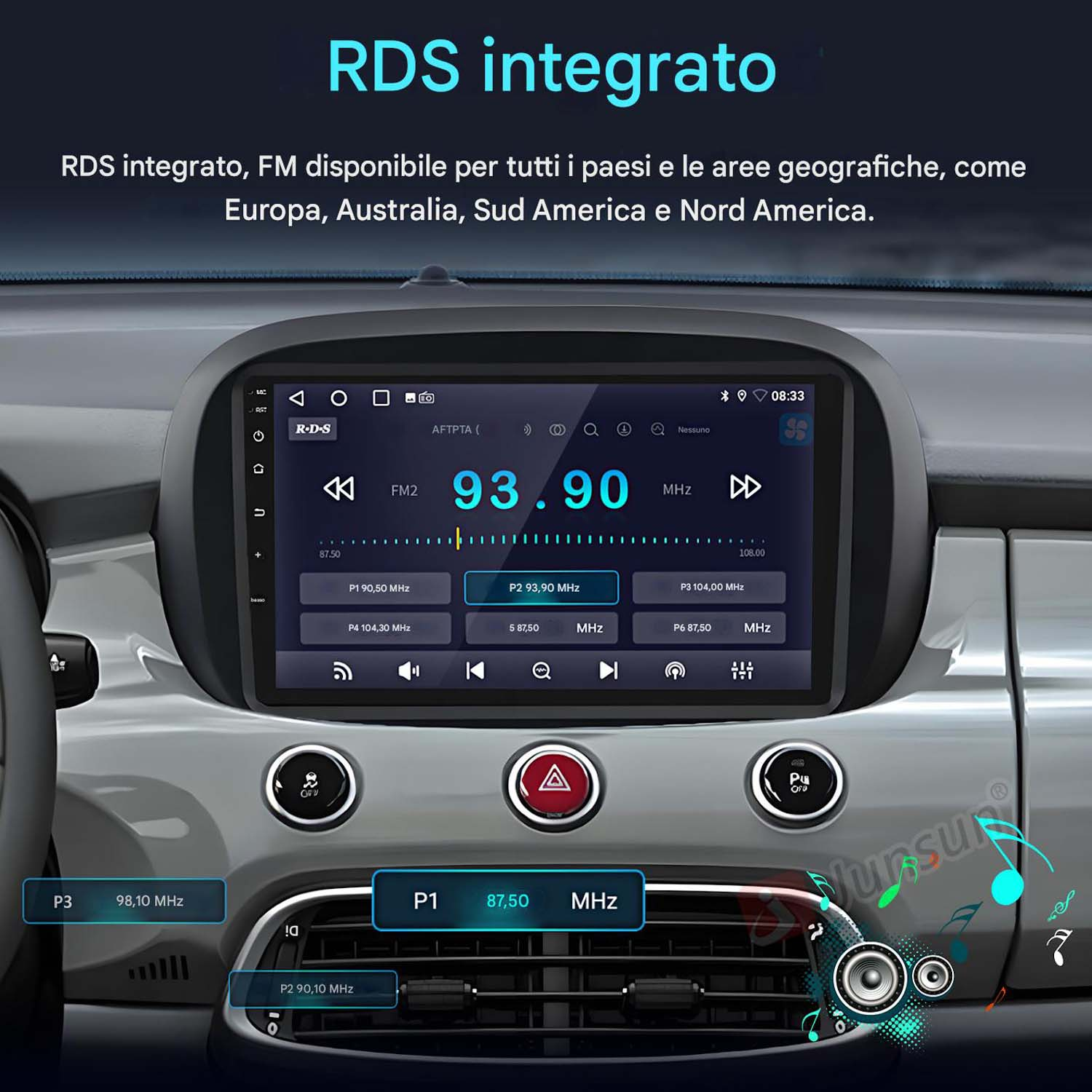 Monitor auto che mostra le impostazioni radio con frequenza 93,90 MHz, all'interno del cruscotto.