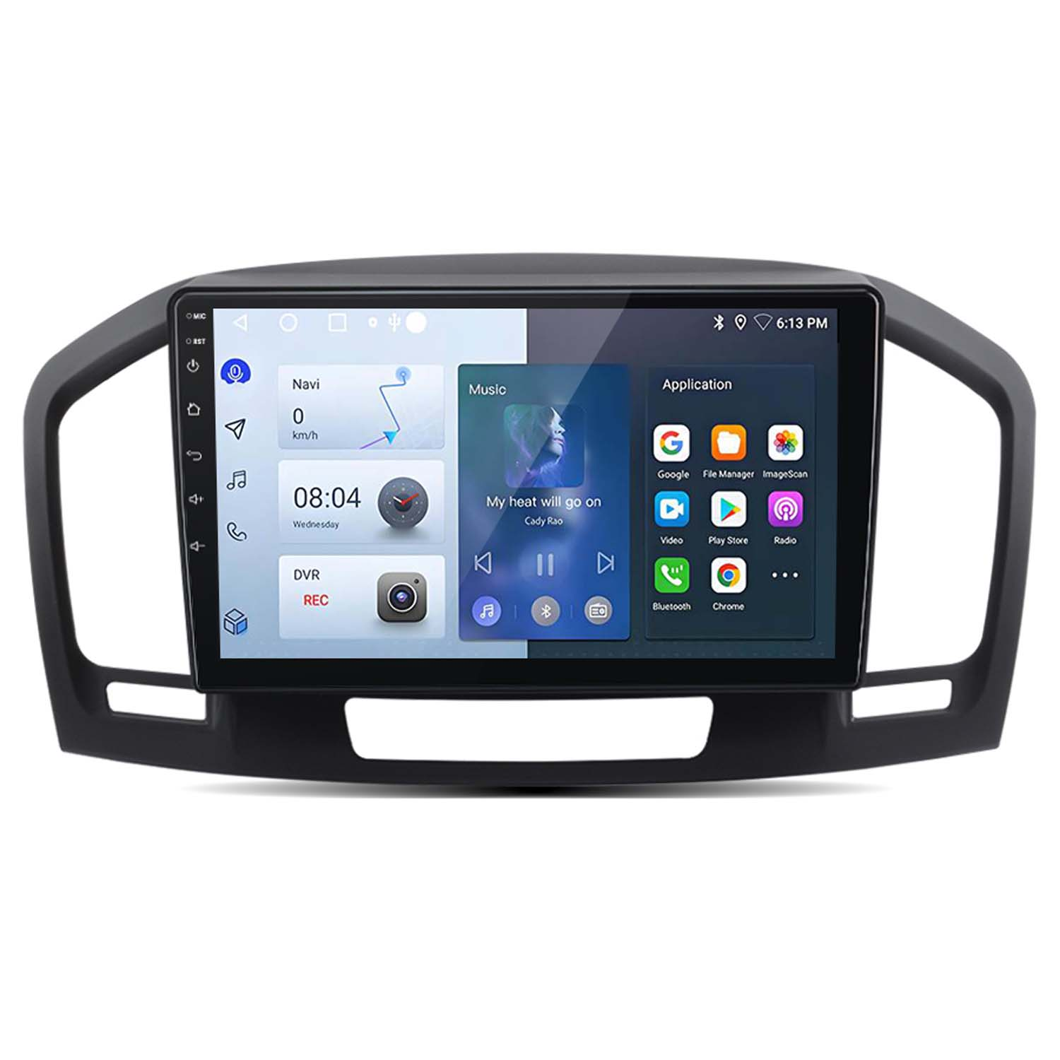 Display del cruscotto dell'auto che mostra navigazione, musica e app, in una cornice nera.