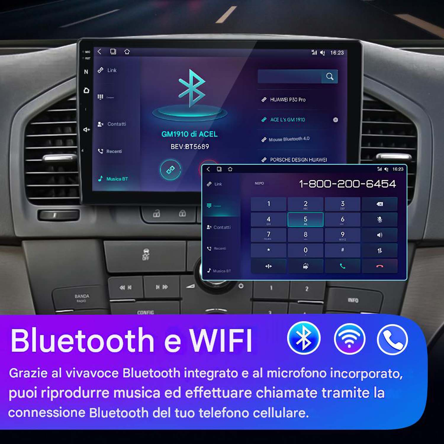 Cruscotto auto con schermo che mostra opzioni di connettività Bluetooth e WiFi, tastierino numerico e impostazioni.