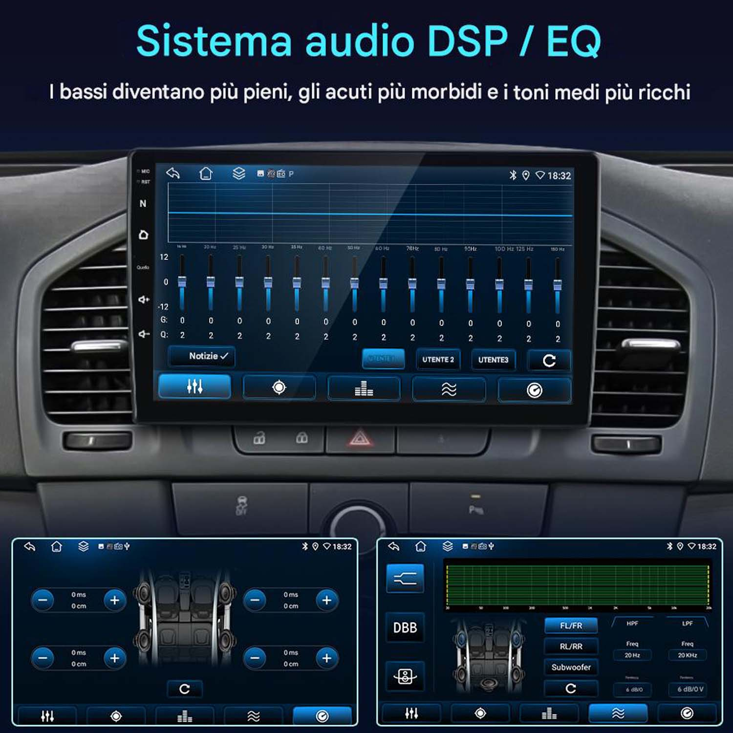 Interfaccia monitor auto per impostazioni audio, con controlli equalizzatore, bassi, alti e bilanciamento.