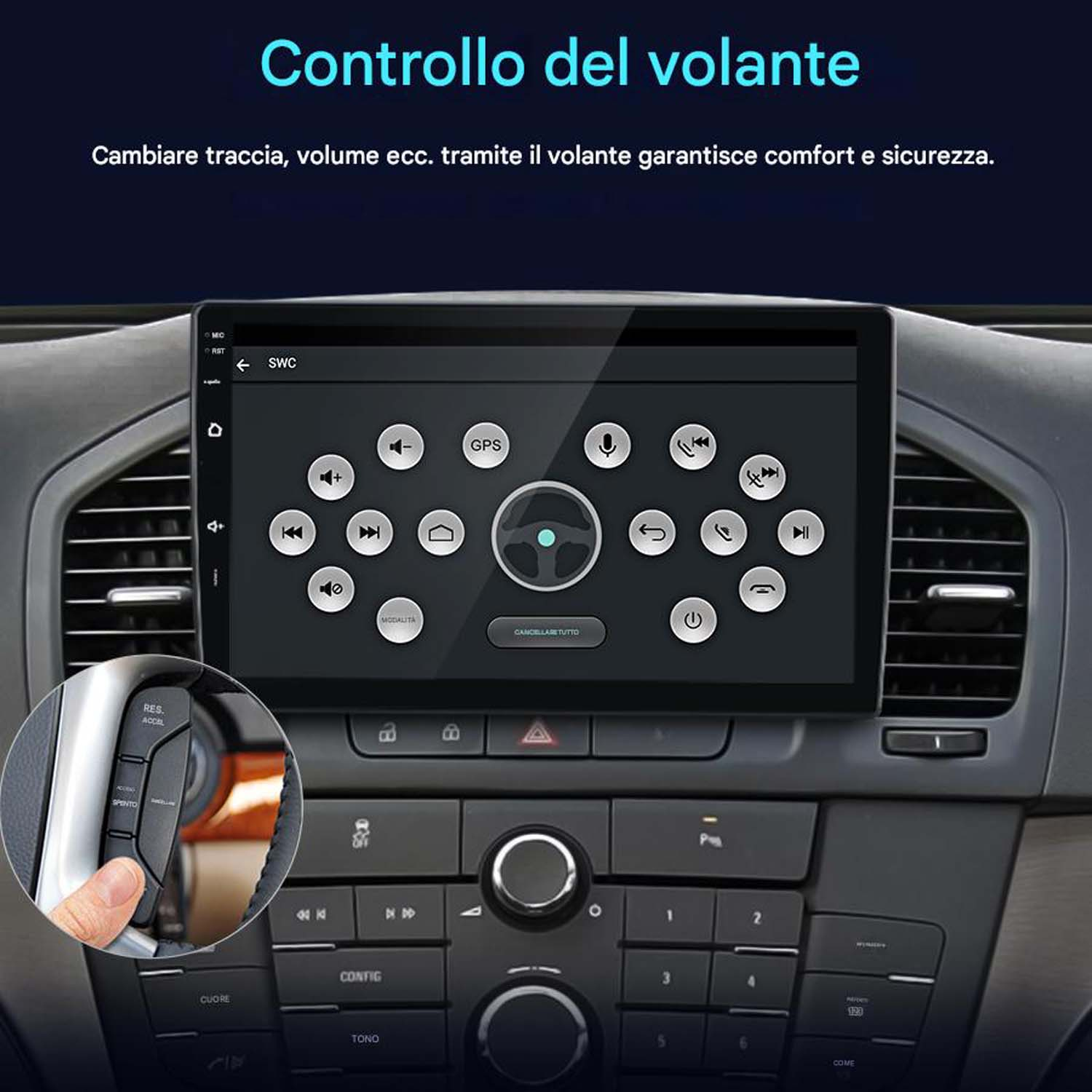 Monitor auto che mostra i comandi al volante, con pulsanti per navigazione, volume e funzioni telefoniche.