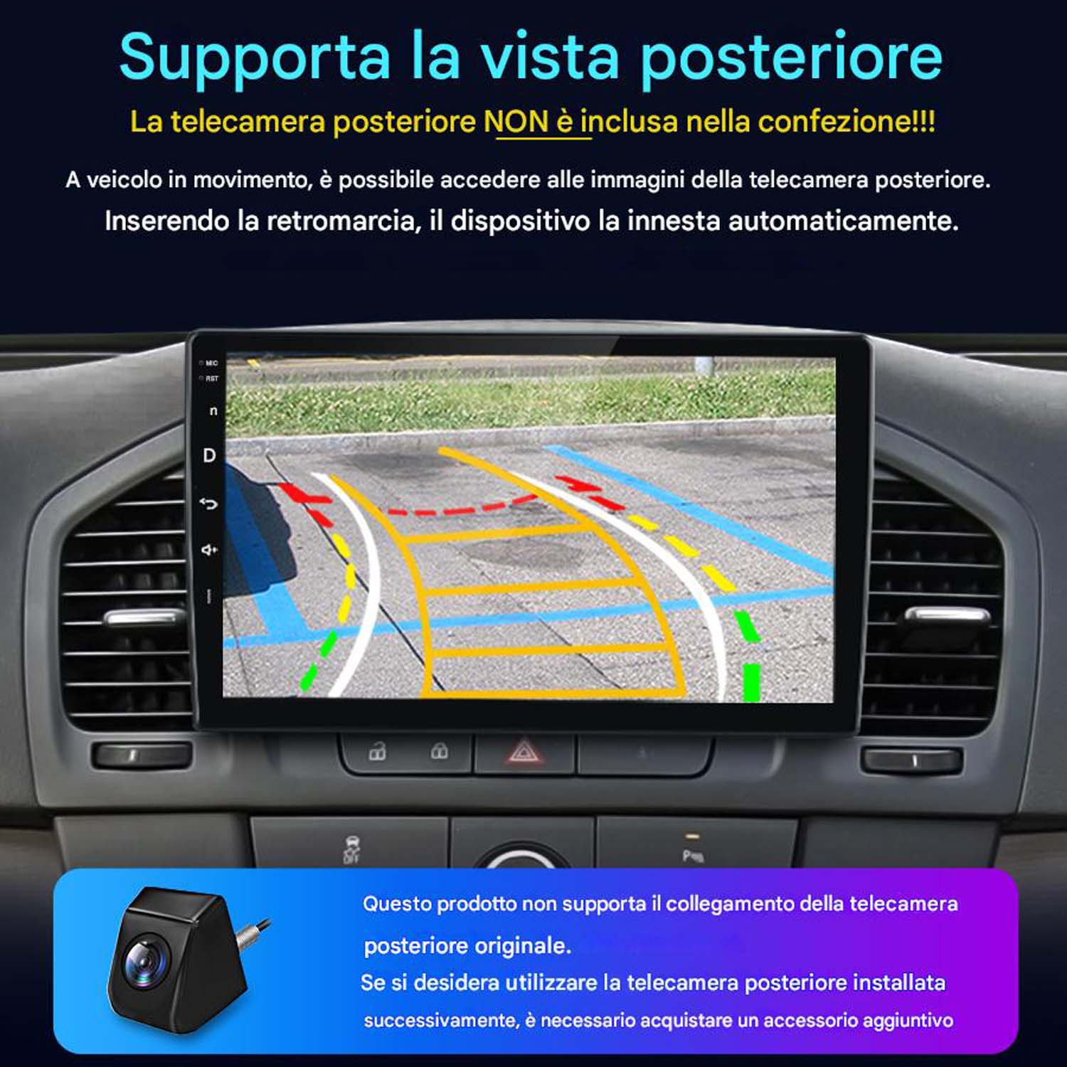 Schermo del cruscotto dell'auto che mostra la vista della telecamera di backup con le linee guida per il parcheggio, montato nella console.