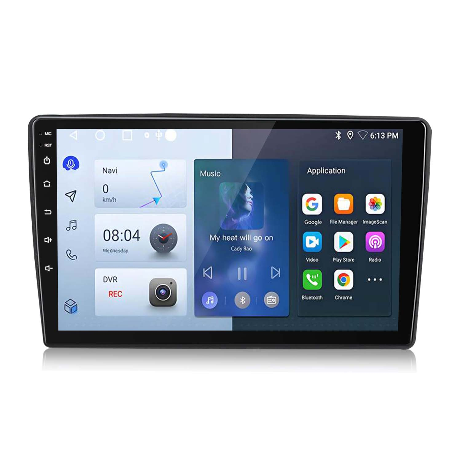 Monitor auto che mostra una schermata iniziale con icone di app, orologio, navigazione e controlli musicali.