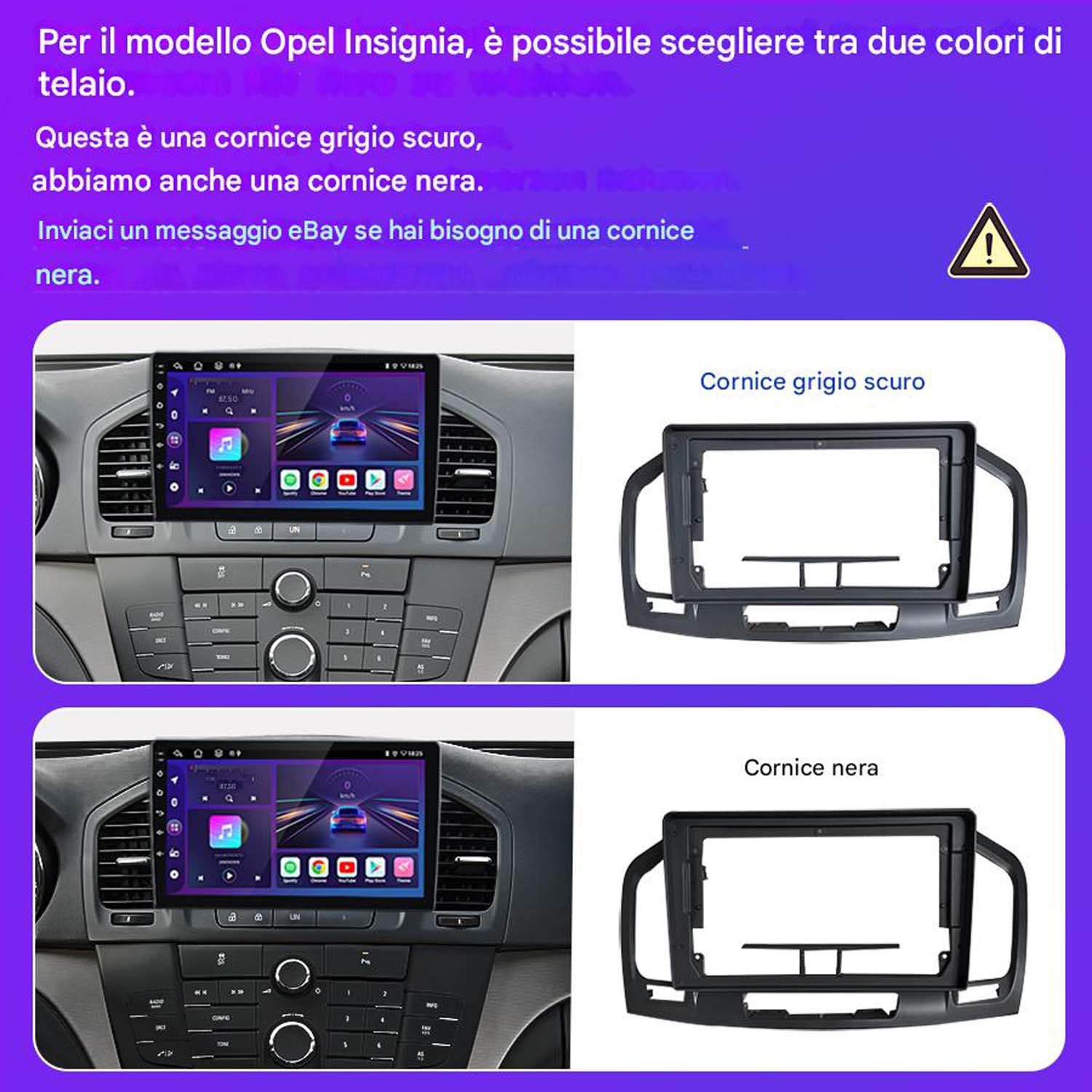 Cruscotto auto che mostra il prima e il dopo dell'installazione di un sistema stereo con diversi colori della cornice.