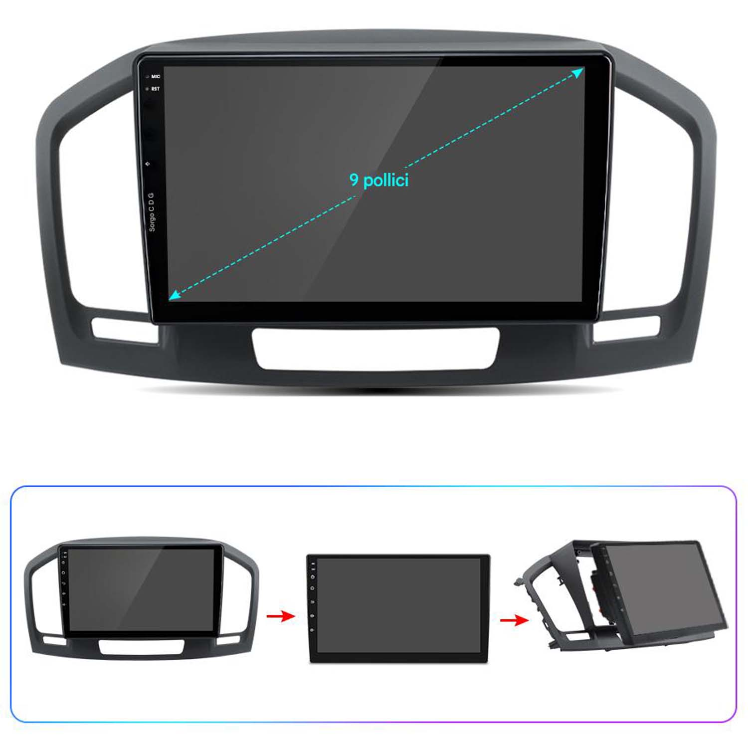 Autoradio con schermo da 9 pollici, montato in un cruscotto. Il diagramma mostra i passaggi di installazione.