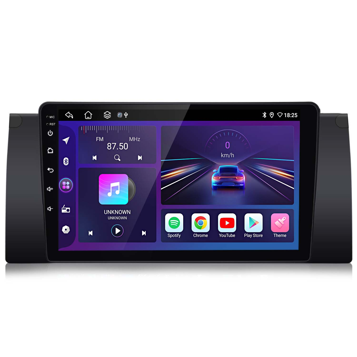 Sistema stereo per auto acceso, che mostra l'interfaccia radio con controlli musicali e icone delle app.