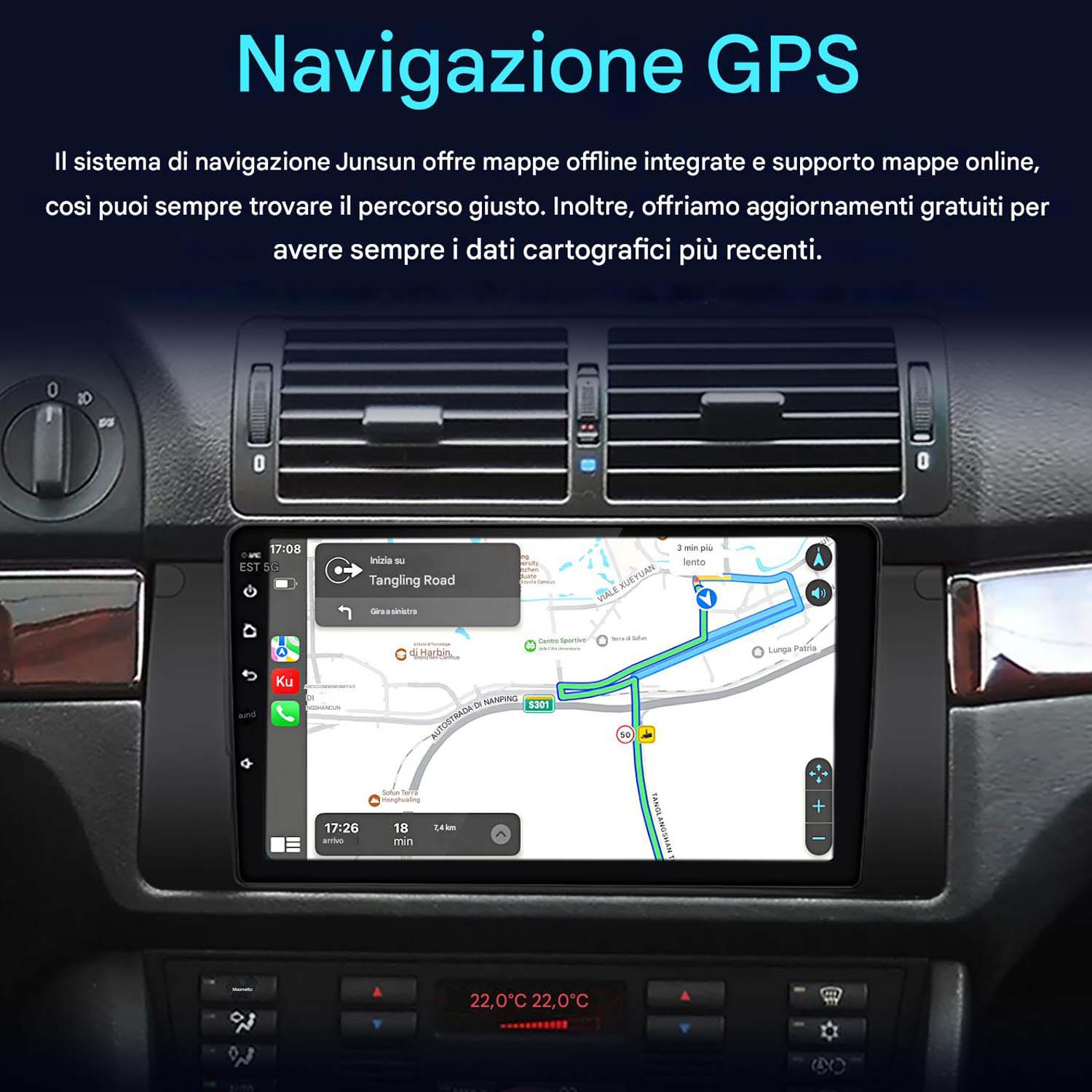 Cruscotto dell'auto con schermo di navigazione GPS che mostra una mappa e i dettagli del percorso. Lo schermo visualizza nomi di strade e distanza.