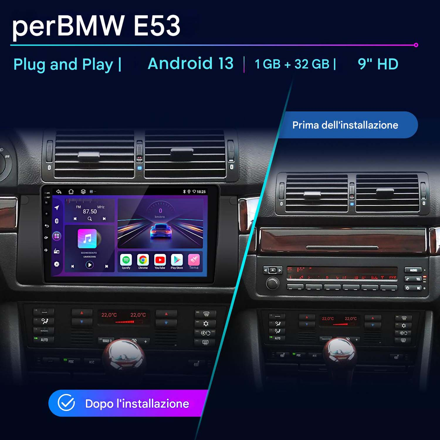 Il cruscotto di un'auto viene mostrato prima e dopo l'installazione di un sistema audio per auto Android 13.