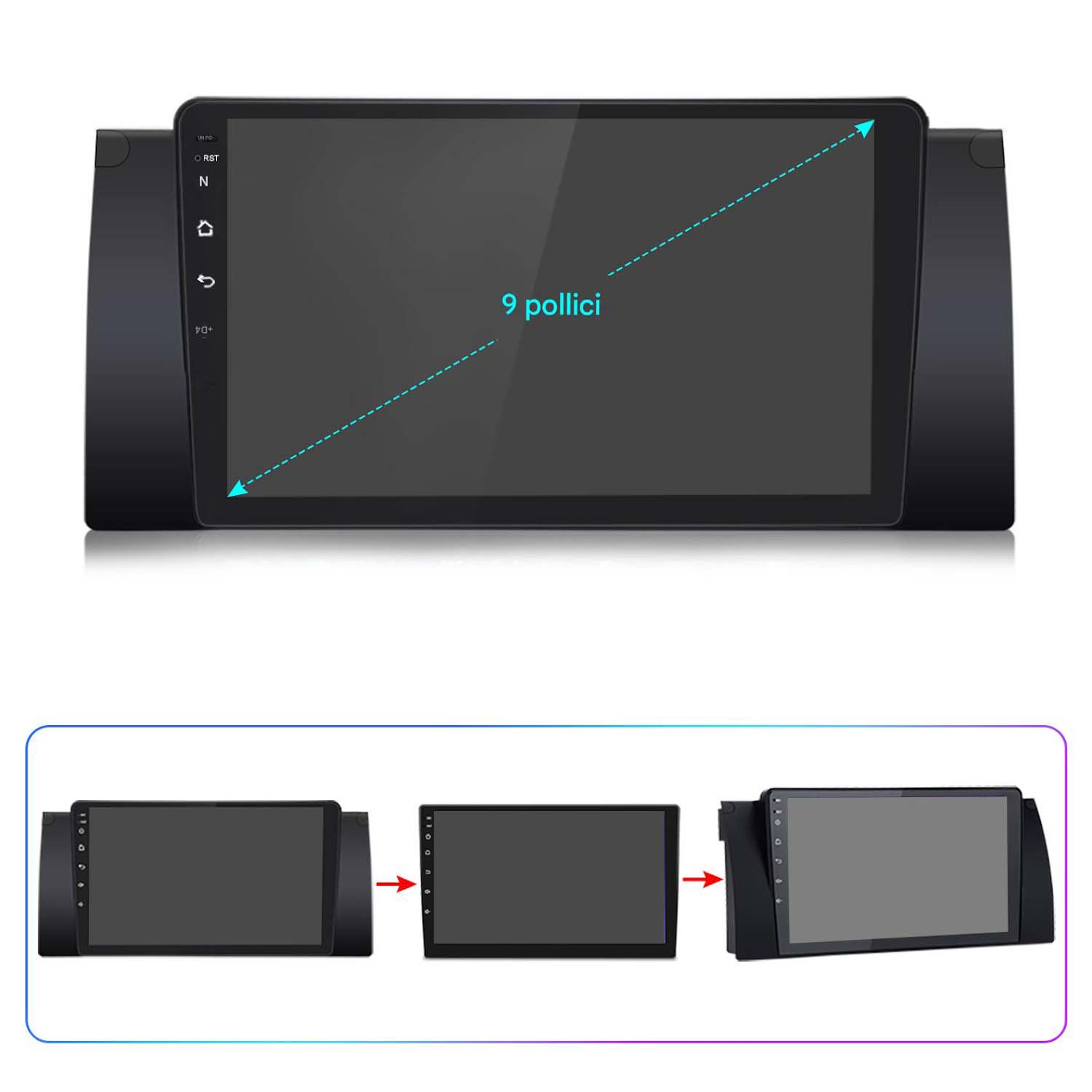 Un sistema audio per auto con cornice nera mostra un display digitale, enfatizzando la dimensione dello schermo di 9 pollici.