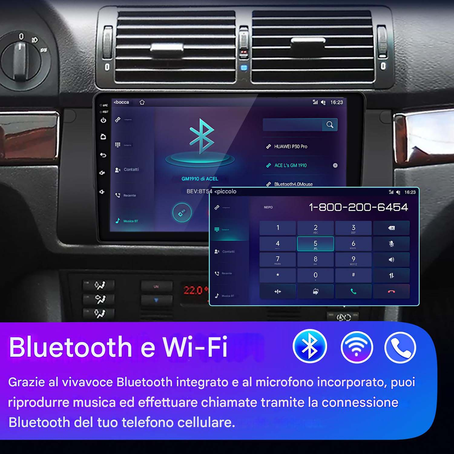 Il cruscotto di un'auto è dotato di un sistema audio abilitato Bluetooth e Wi-Fi con connettività telefonica.