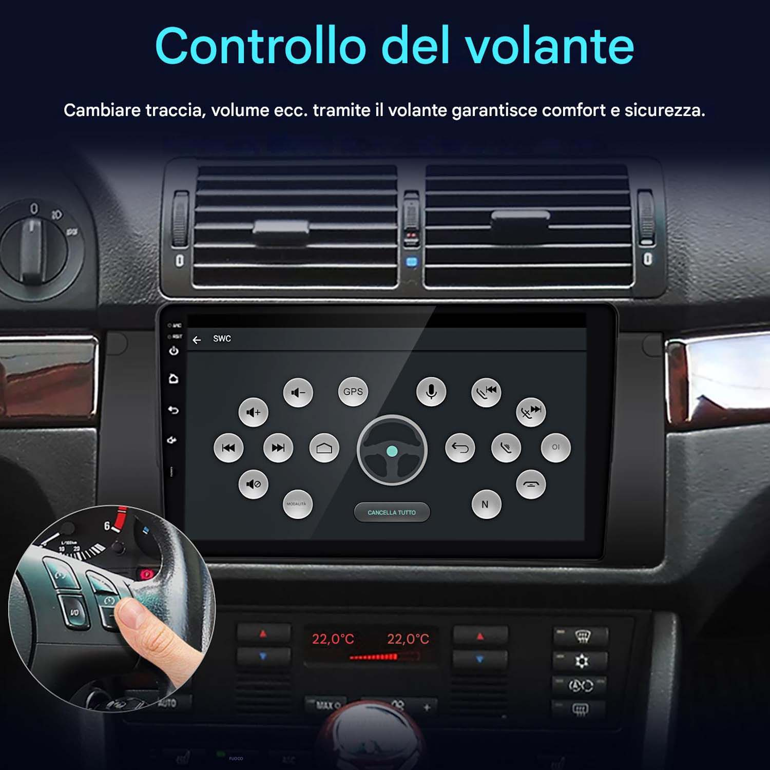 Cruscotto auto con schermo che mostra opzioni di controllo, mano sul volante e icone.