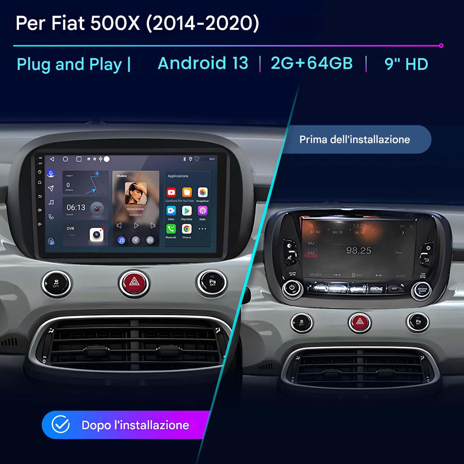 Confronto cruscotto con schermo Android installato a sinistra e radio di serie a destra.