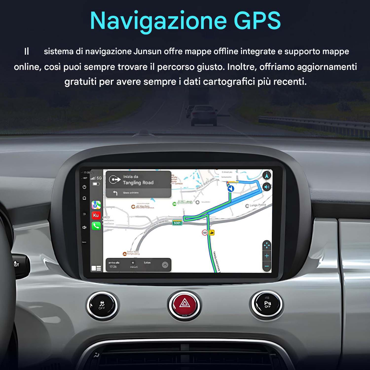 Il cruscotto di un'auto mostra un sistema di navigazione GPS con una mappa visualizzata sullo schermo.