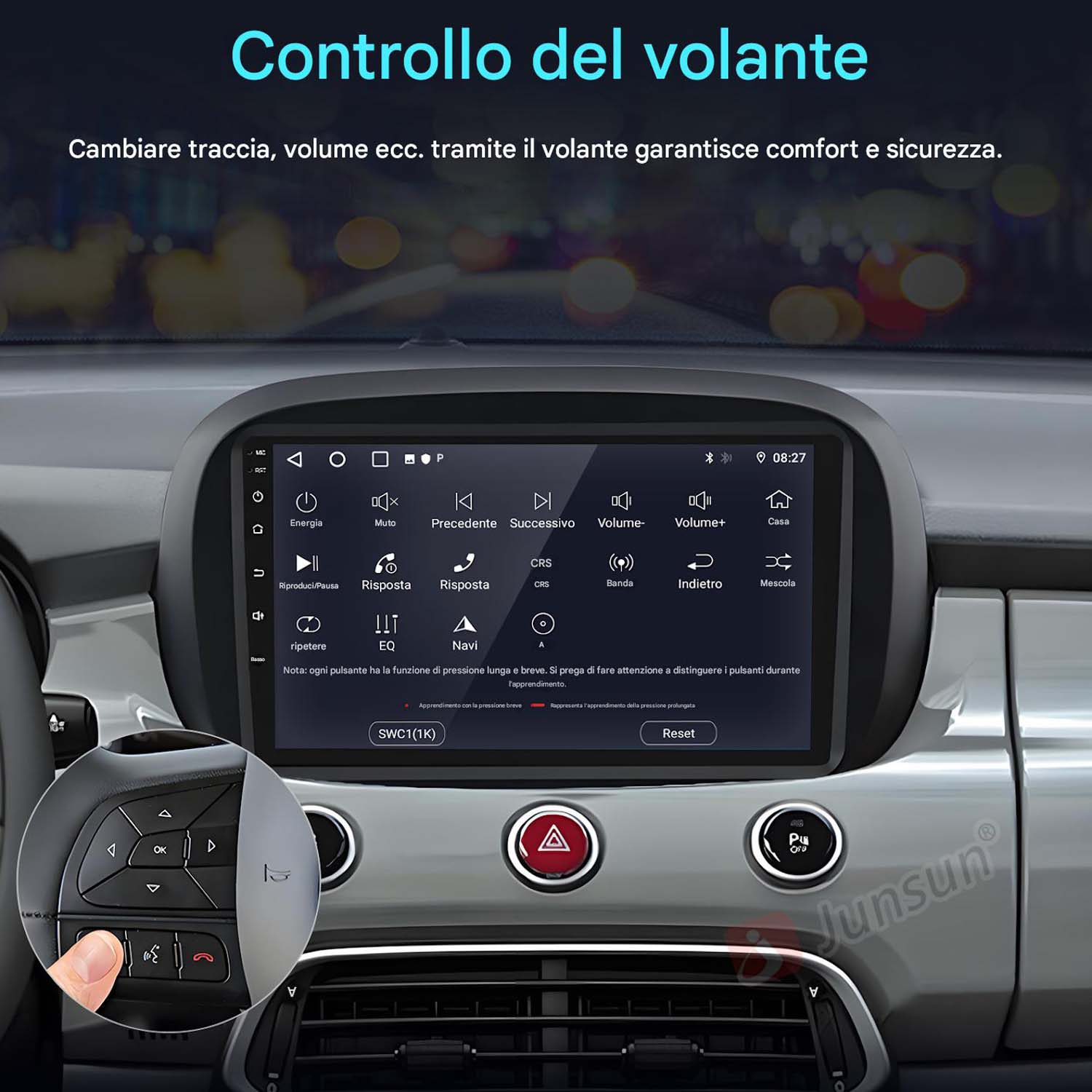 Cruscotto auto che mostra schermo con controlli musica, mano che preme pulsanti e icone.