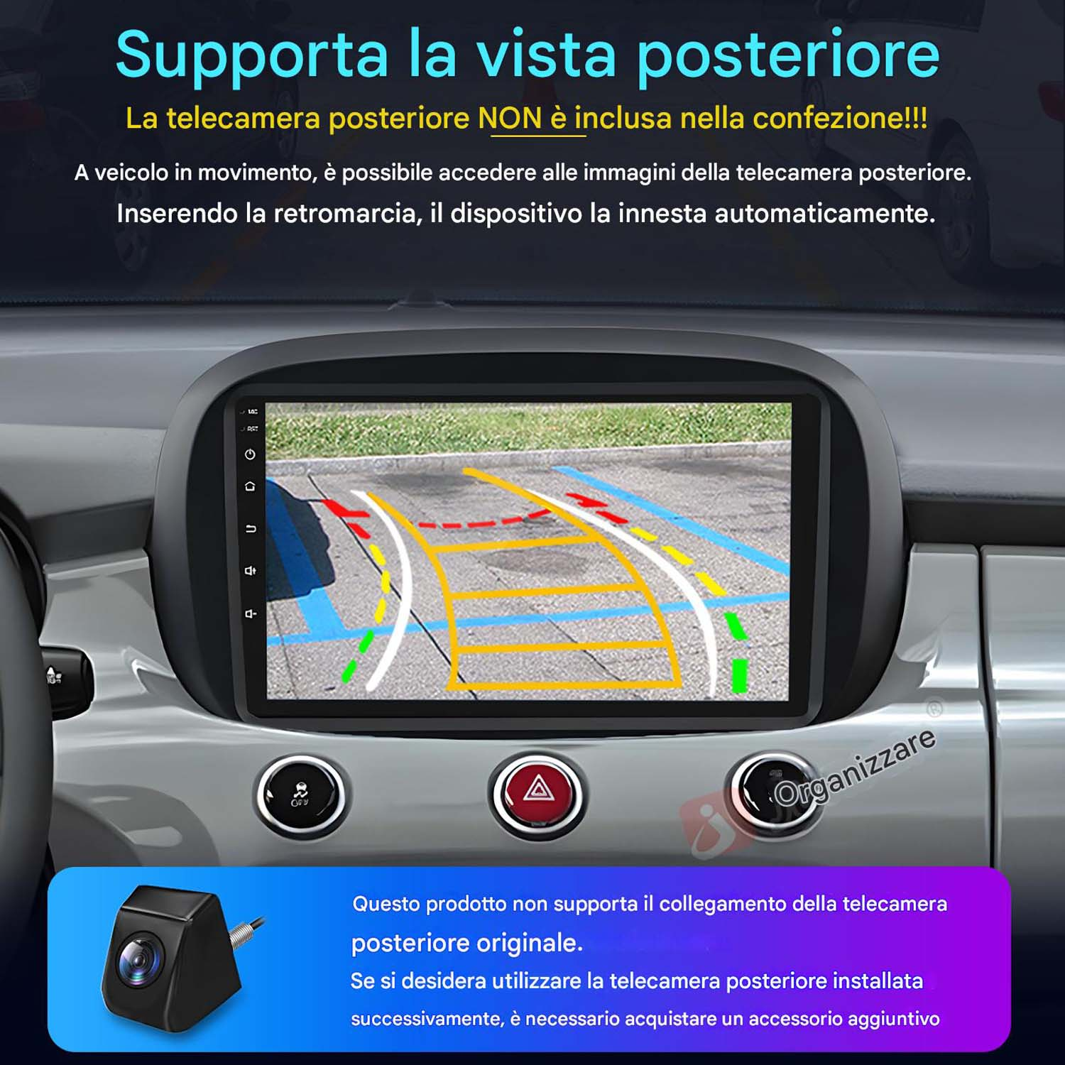 Cruscotto auto con schermo che mostra immagine telecamera posteriore con linee parcheggio e telecamera.