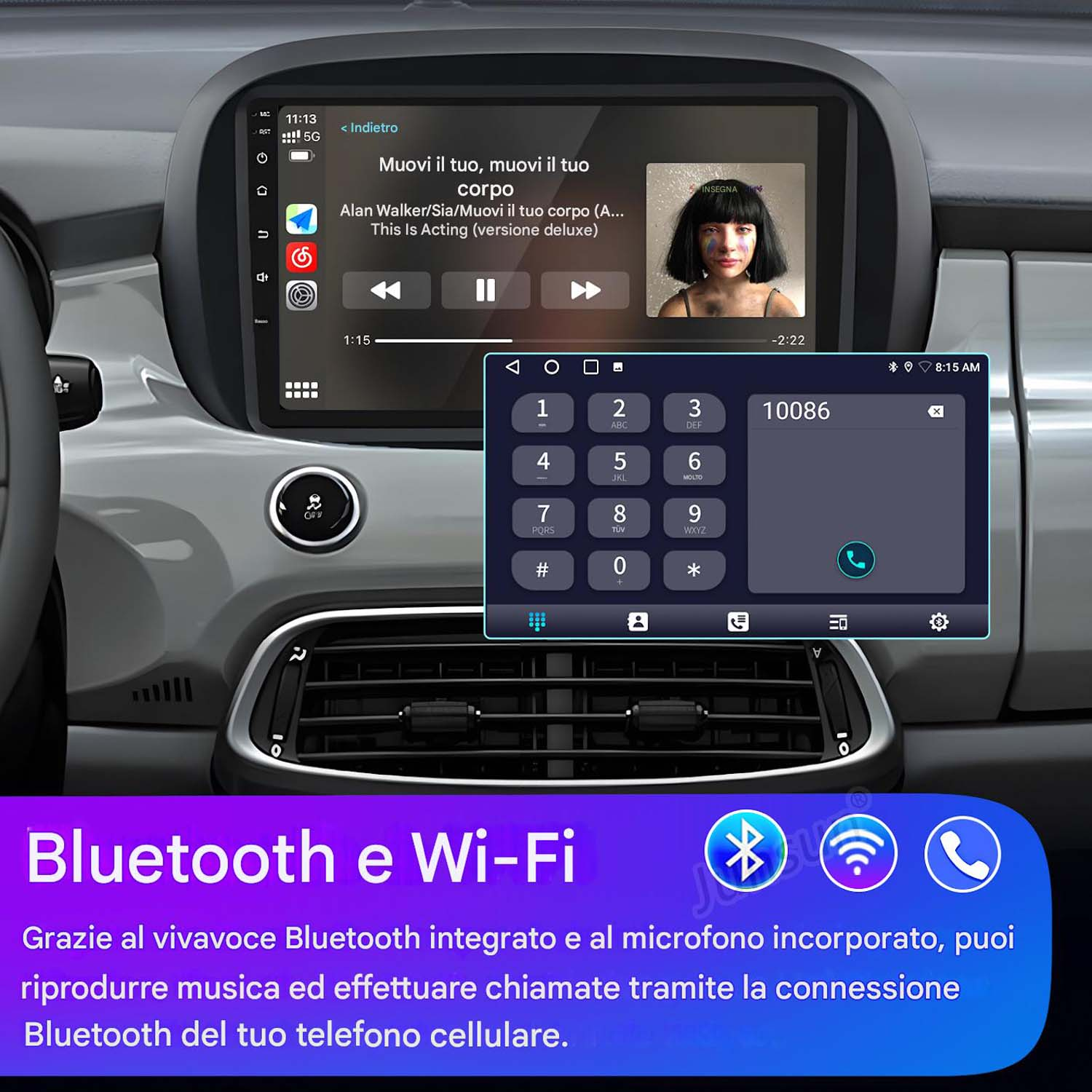 Cruscotto auto con schermo che mostra interfaccia lettore musicale e tastierino numerico telefono.
