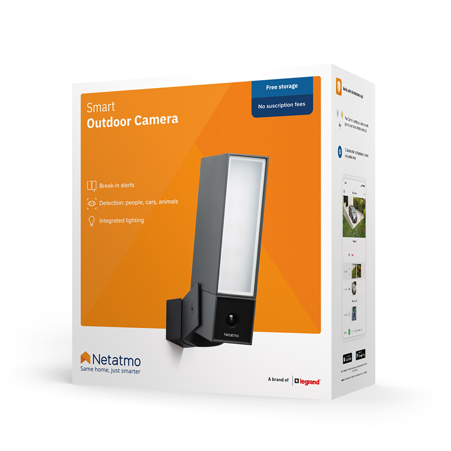 Embalaje de producto para una cámara exterior inteligente, con características y el logo Netatmo.