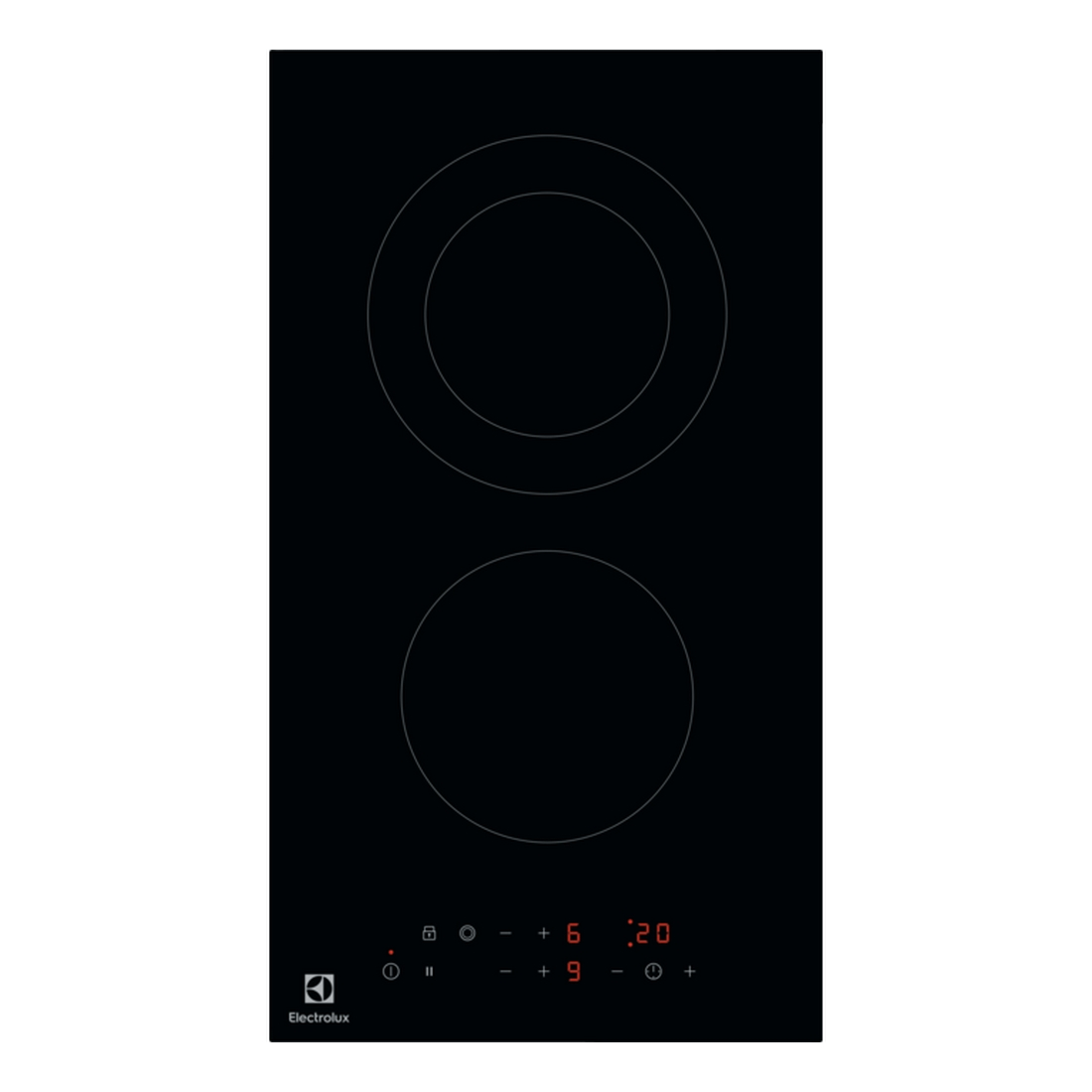 Czarna płyta grzewcza z dwoma strefami gotowania, obie nieaktywne, z cyfrowymi ustawieniami sterowania.