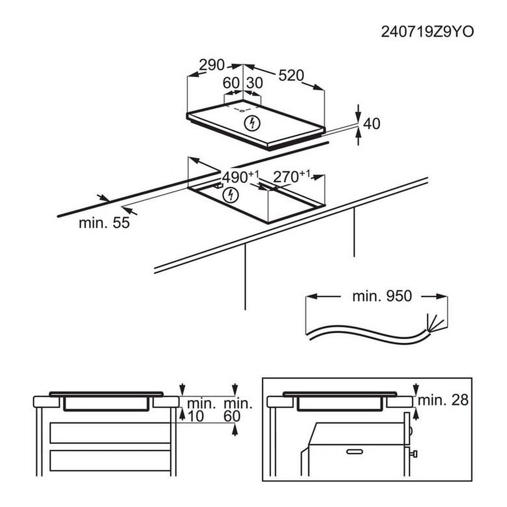 Rysunek techniczny płyty indukcyjnej z wymiarami i szczegółami instalacji.