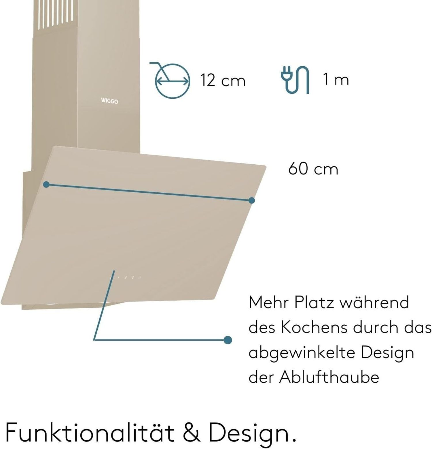 Een beige afzuigkap met afmetingen. Tekst zegt 'Meer ruimte tijdens het koken' en 'Functionaliteit & Design'.