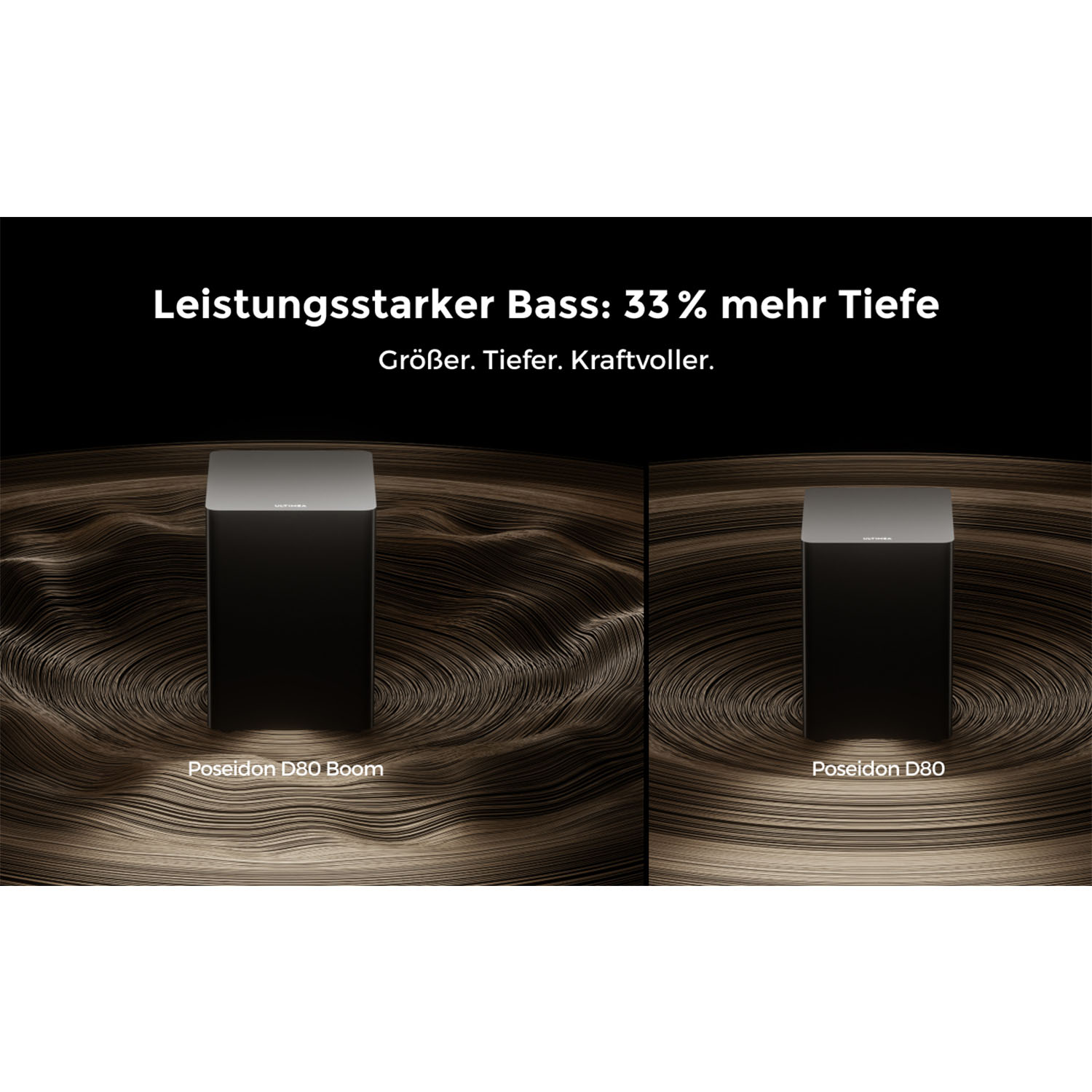 Zwei schwarze Lautsprecher mit sandartigem Hintergrund. Text sagt 'Mehr Tiefe'. Ein Vergleich wird angestellt.