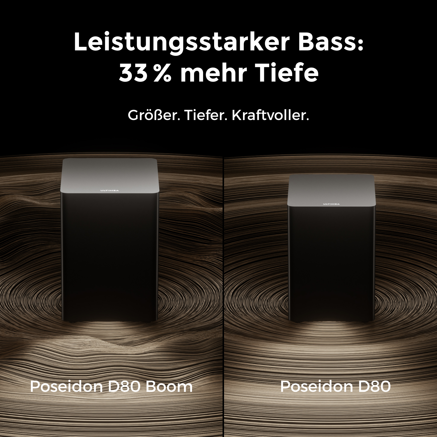 Zwei schwarze Subwoofer auf braunem Untergrund. Text wirbt für kraftvollen Bass und Tiefe.