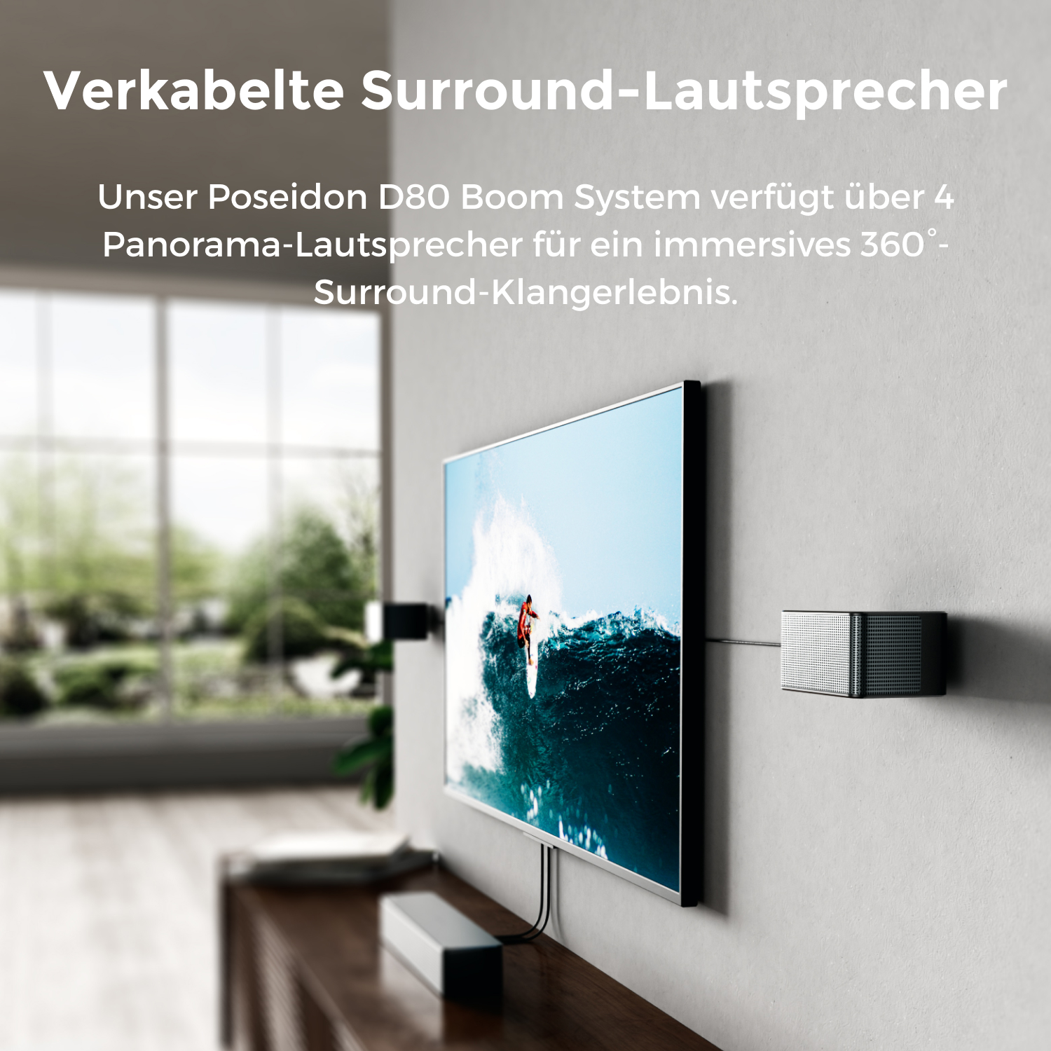 TV-Bildschirm zeigt Welle und Mann. Surround-Lautsprecher an der Wand. Text: Verkabelte Surround.