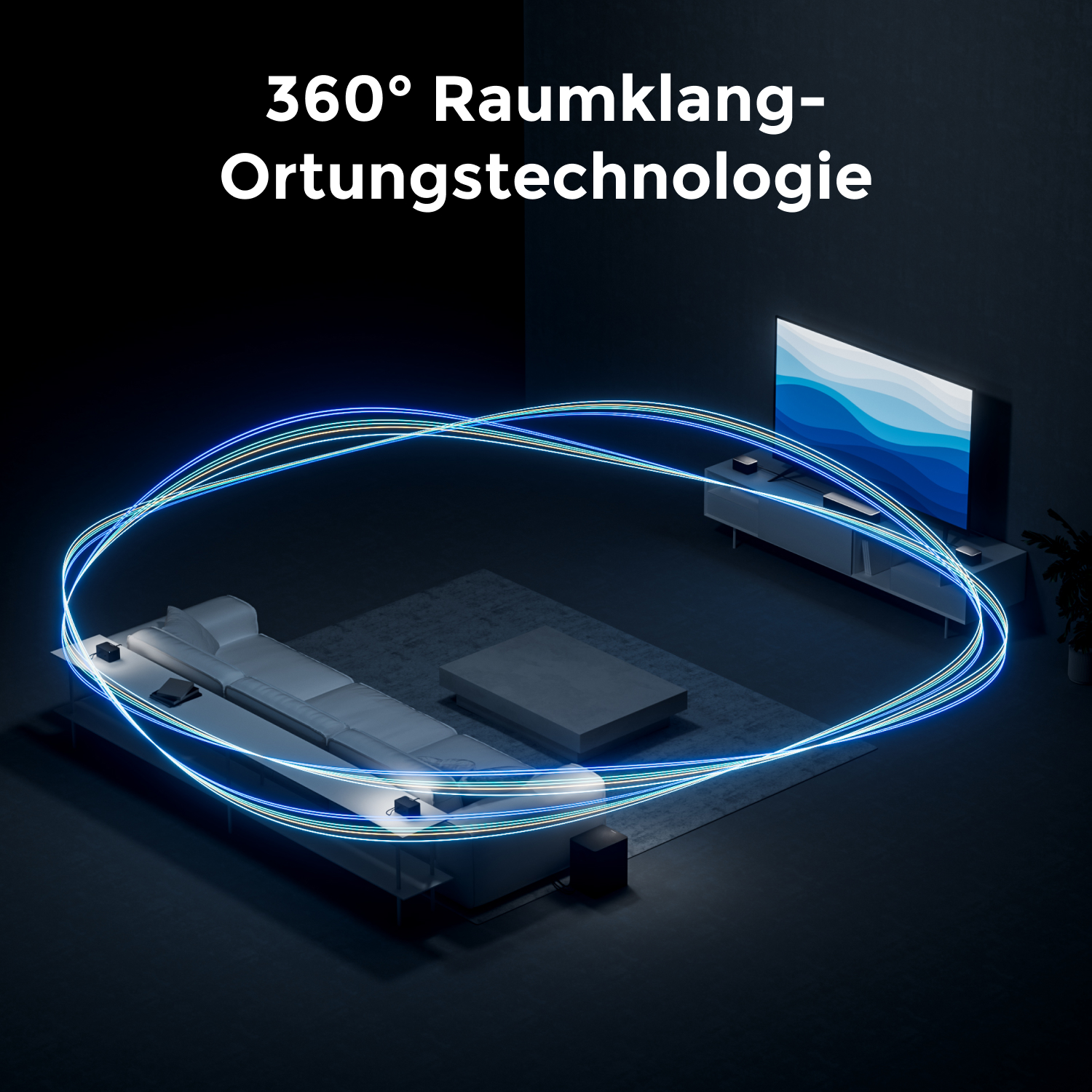 Wohnzimmer mit TV und Surround-System. Blaues Licht umkreist das Setup.