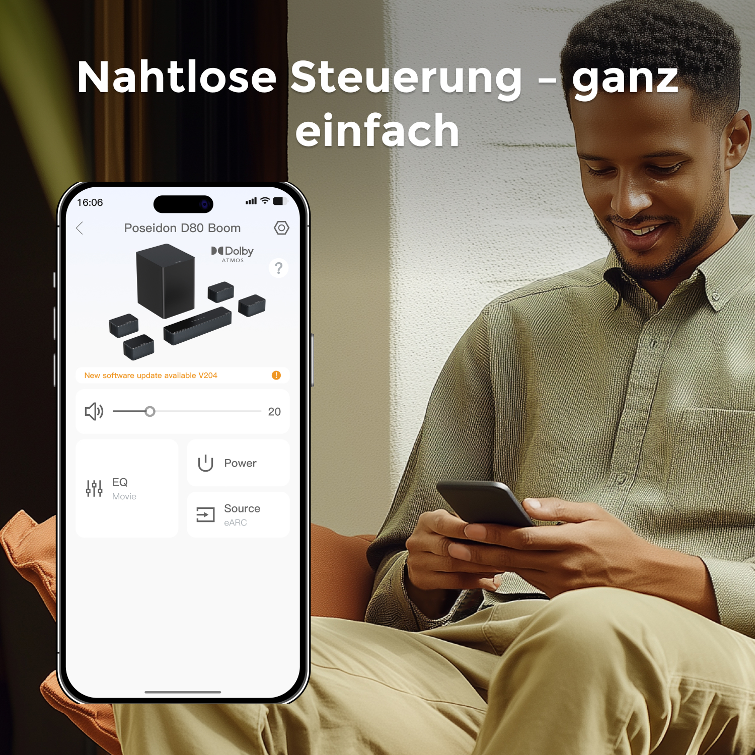 Mann benutzt Smartphone. Bildschirm zeigt Benutzeroberfläche zur Steuerung des Lautsprechersystems.