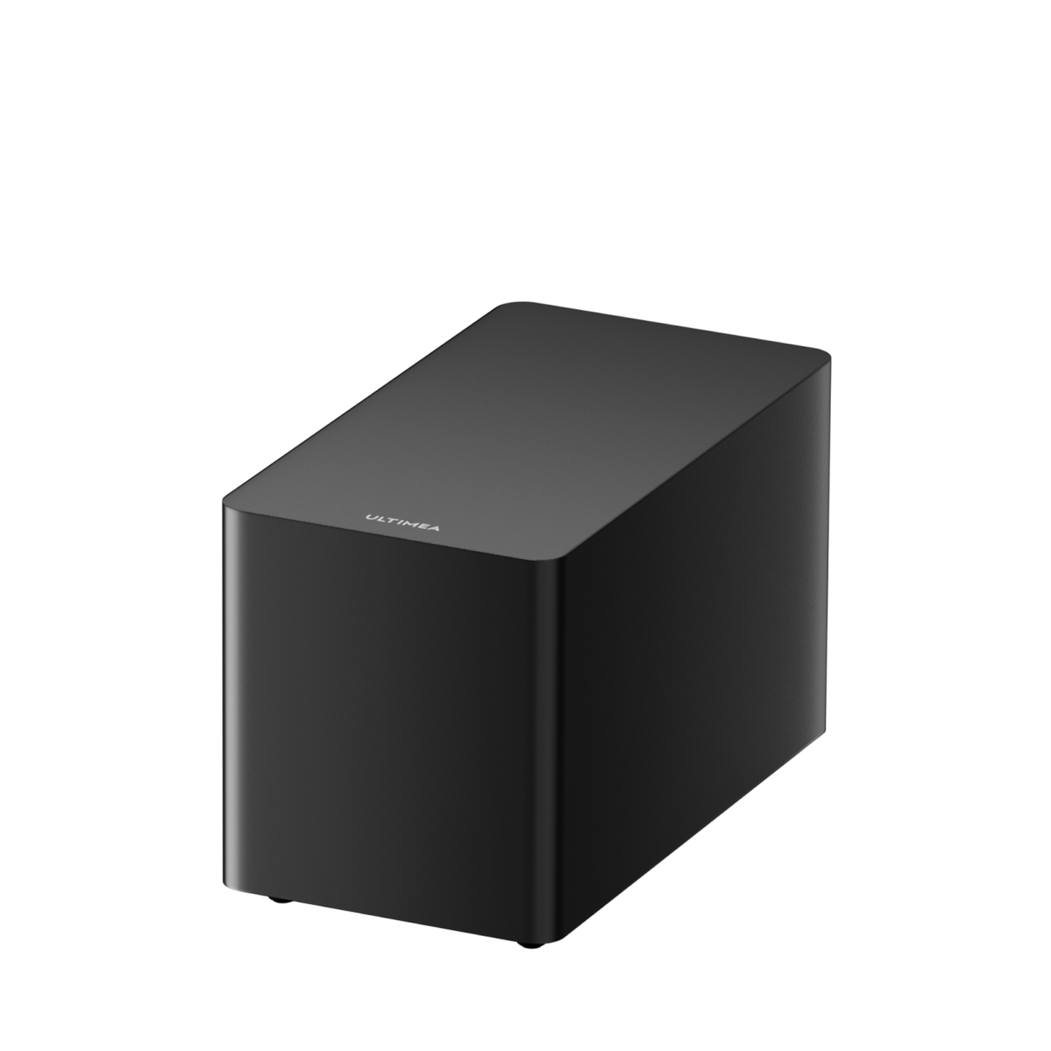 A black subwoofer on a white background. The subwoofer is a rectangular box with rounded corners.