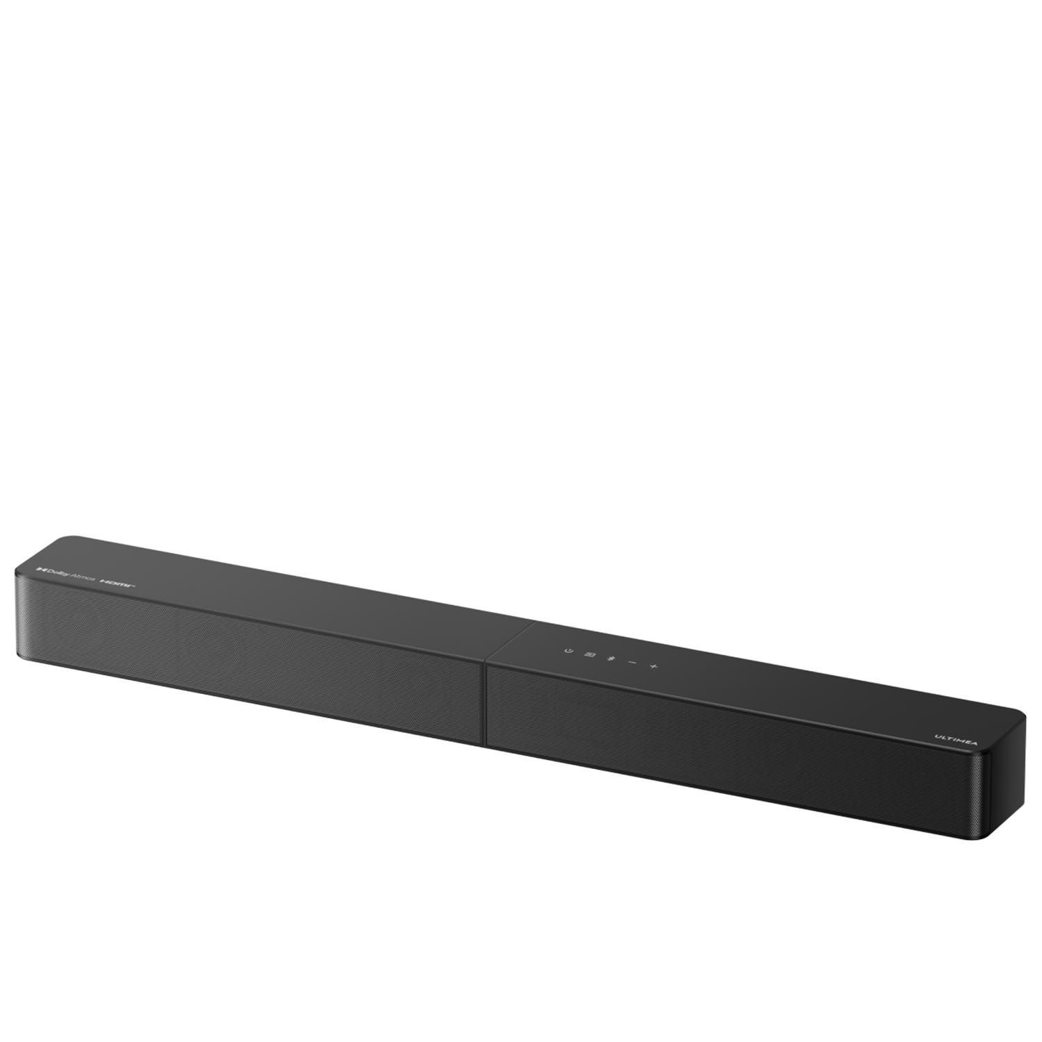 A black soundbar on a white background. It has a mesh front, a control panel on top, and the logo on the side.