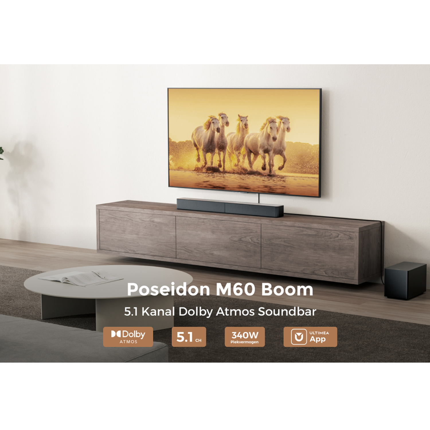 Wohnzimmer mit Fernseher, Soundbar und Subwoofer. Pferde sind auf dem Fernsehbildschirm.