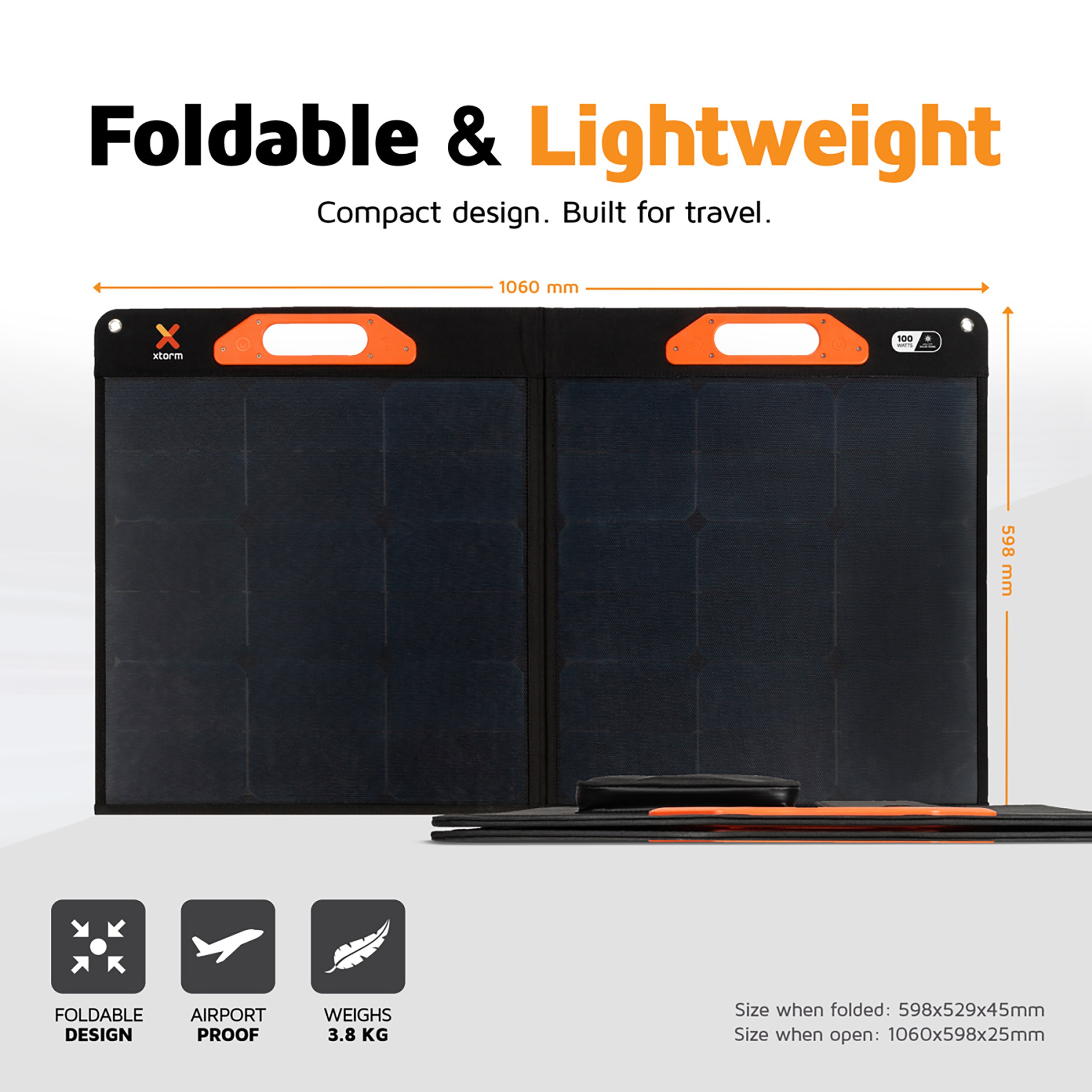 Faltbares Solarpanel, schwarz, offen, mit Abmessungen und Funktionen.