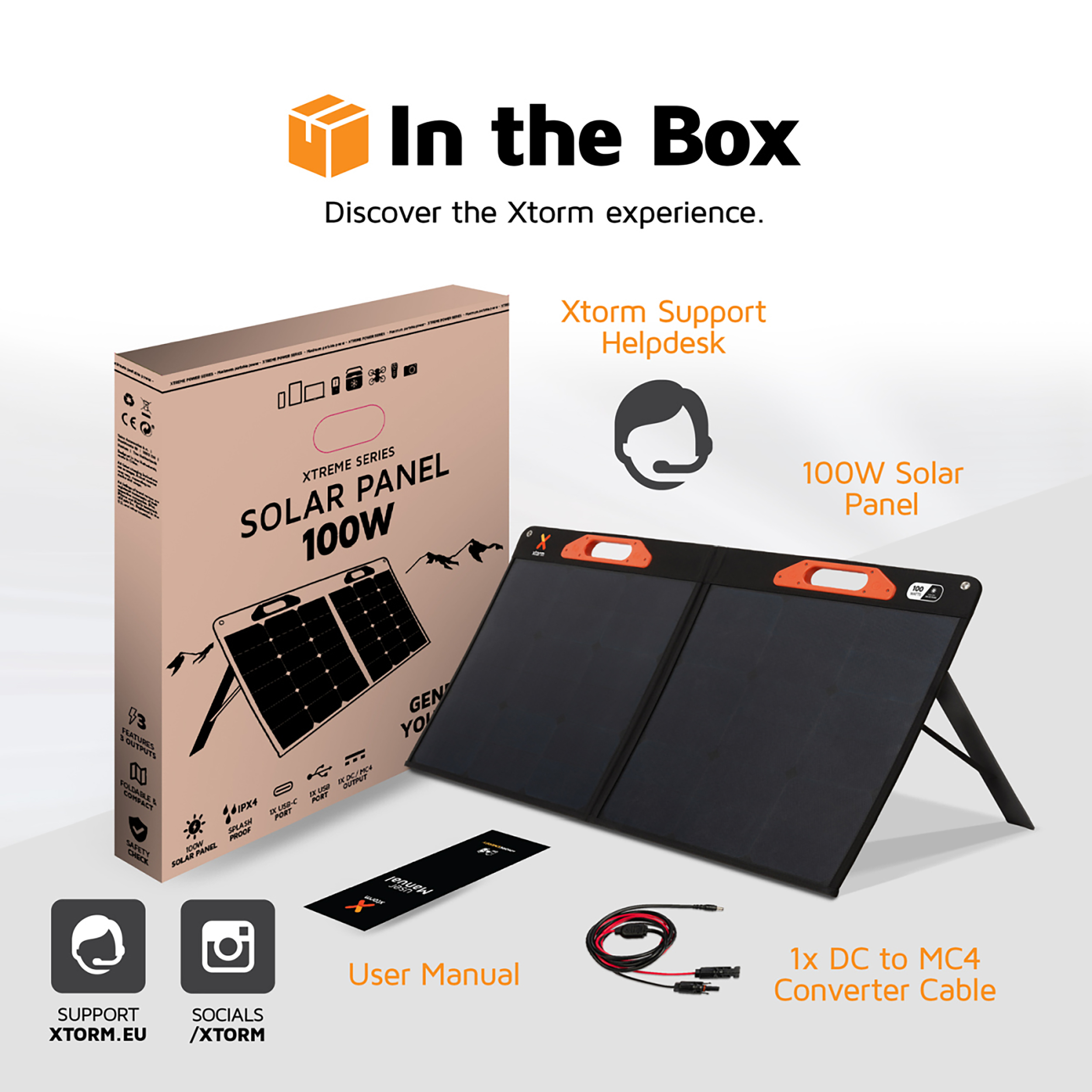 Box-Set mit Solarpanel, Konverterkabel und Benutzerhandbuch. Es enthält Solarpanel- und Support-Icons.