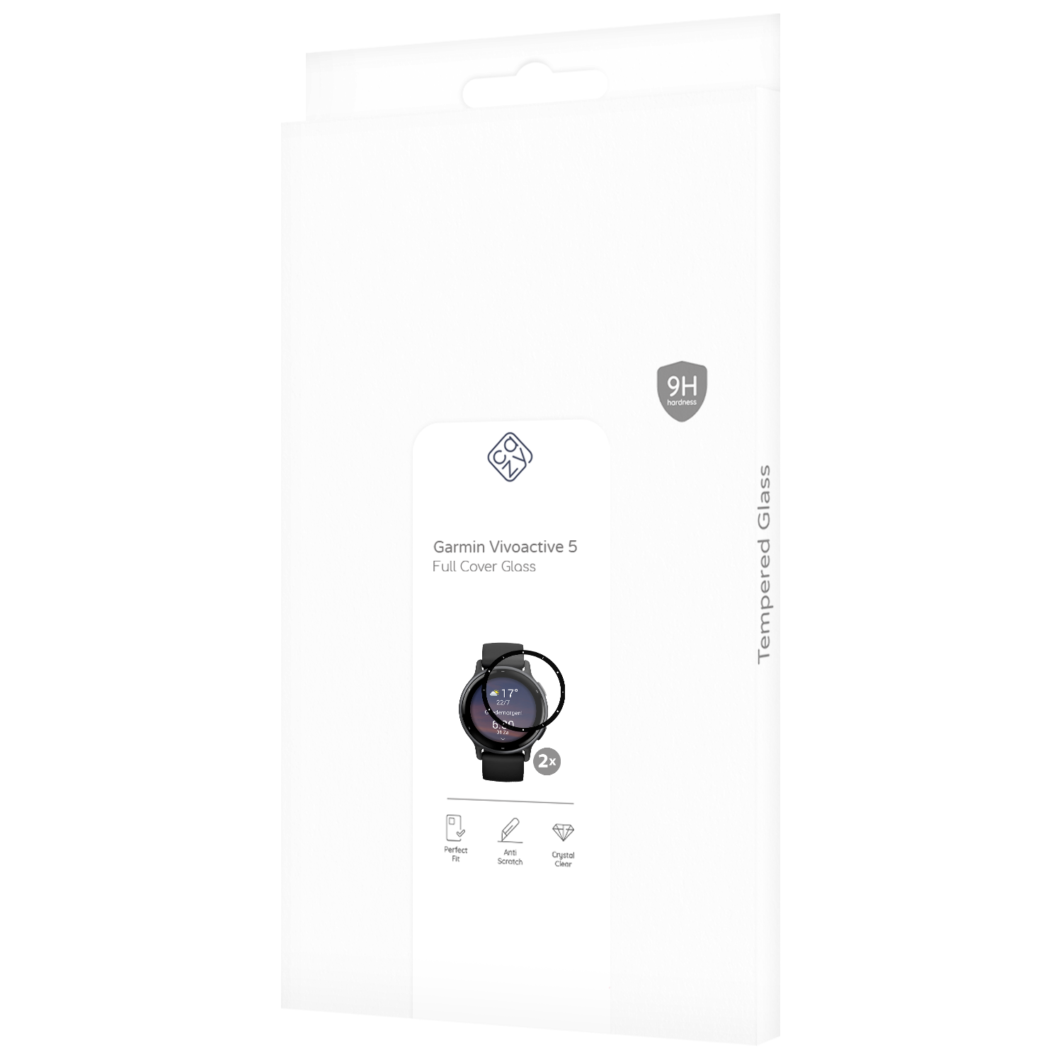Weiße Schachtel mit Smartwatch-Displayschutz. Etikett zeigt Modell und Funktionen.