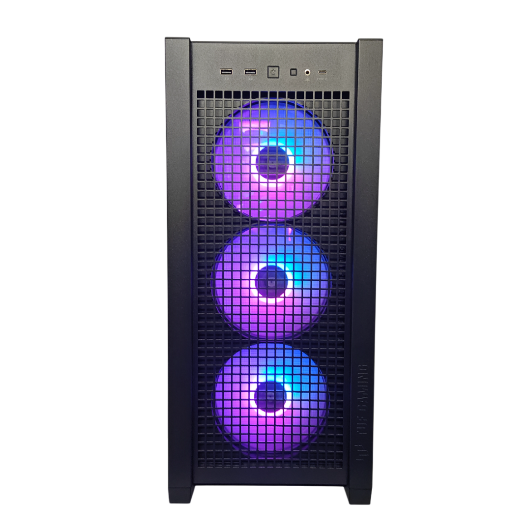 Parte anteriore di un case PC nero con tre ventole luminose. Le ventole hanno luci blu, viola e rosa.
